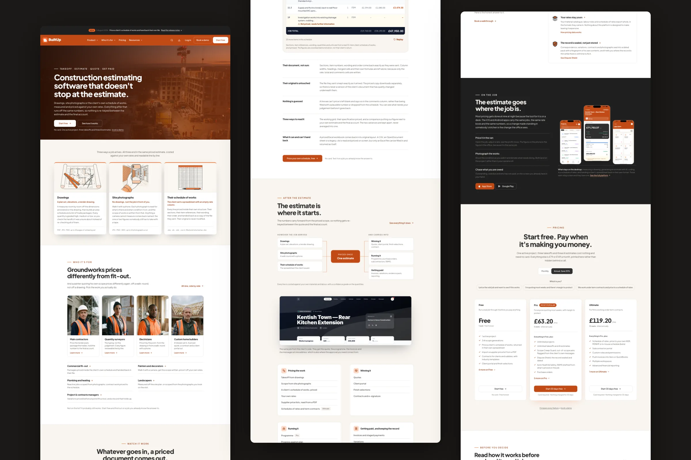 Three slices of the full builtup.io homepage: hero and trade segments, the priced-schedule proof and platform diagram, the mobile apps band and pricing
