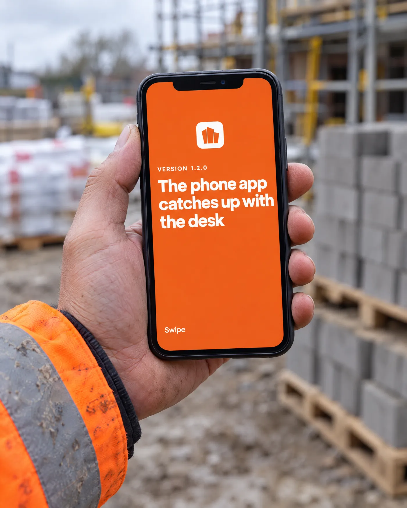 A contractor in a hi-vis jacket holding a phone on site, showing the BuiltUp 1.2.0 carousel cover