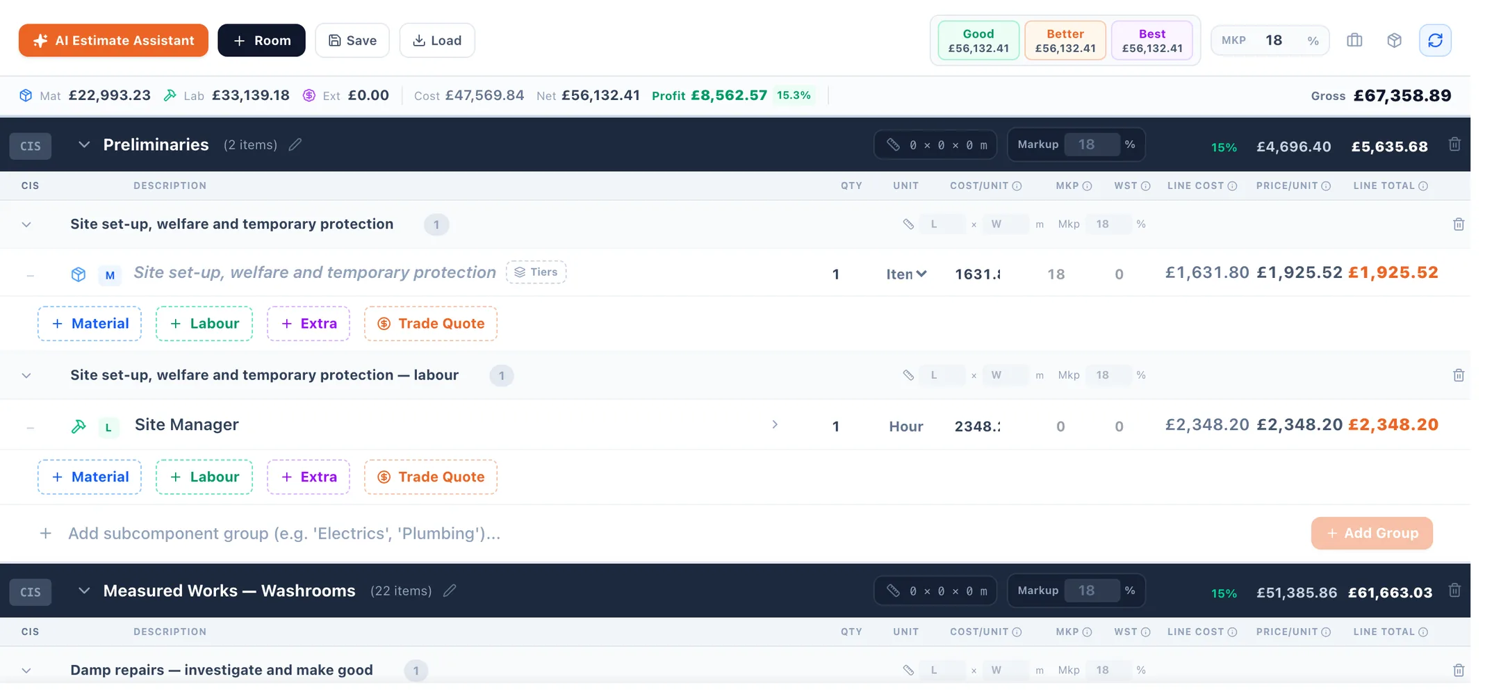The estimate builder showing materials, labour, cost, net, profit and gross totals above Preliminaries and Measured Works sections