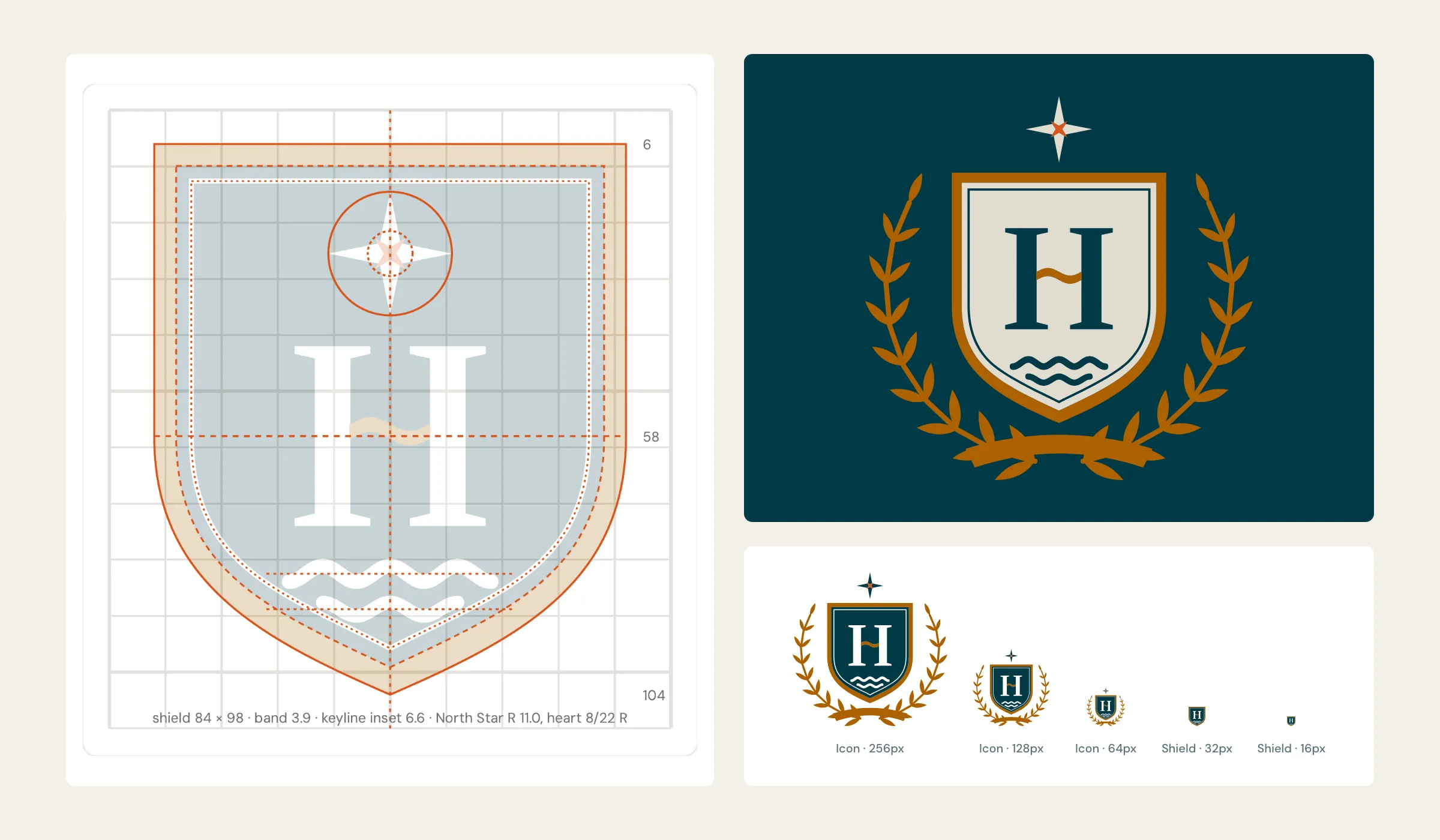 The North Star Crest's construction grid with shield, band, keyline and star dimensions, beside the inverse crest on Sun Life Blue and the mark at 256, 128 and 64 pixels with the shield alone at 32 and 16 pixels