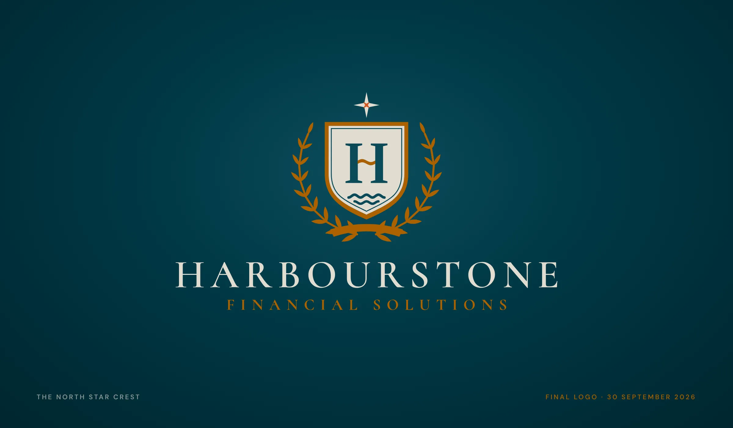 The final HarbourStone logo, the North Star Crest, in its inverse colours on Sun Life Blue: a four-point star with a Deep Orange heart above a gold-banded stone shield holding a Caslon H with a wave for a crossbar and calm water below, framed by a gold laurel, over HARBOURSTONE in spaced capitals and FINANCIAL SOLUTIONS in gold
