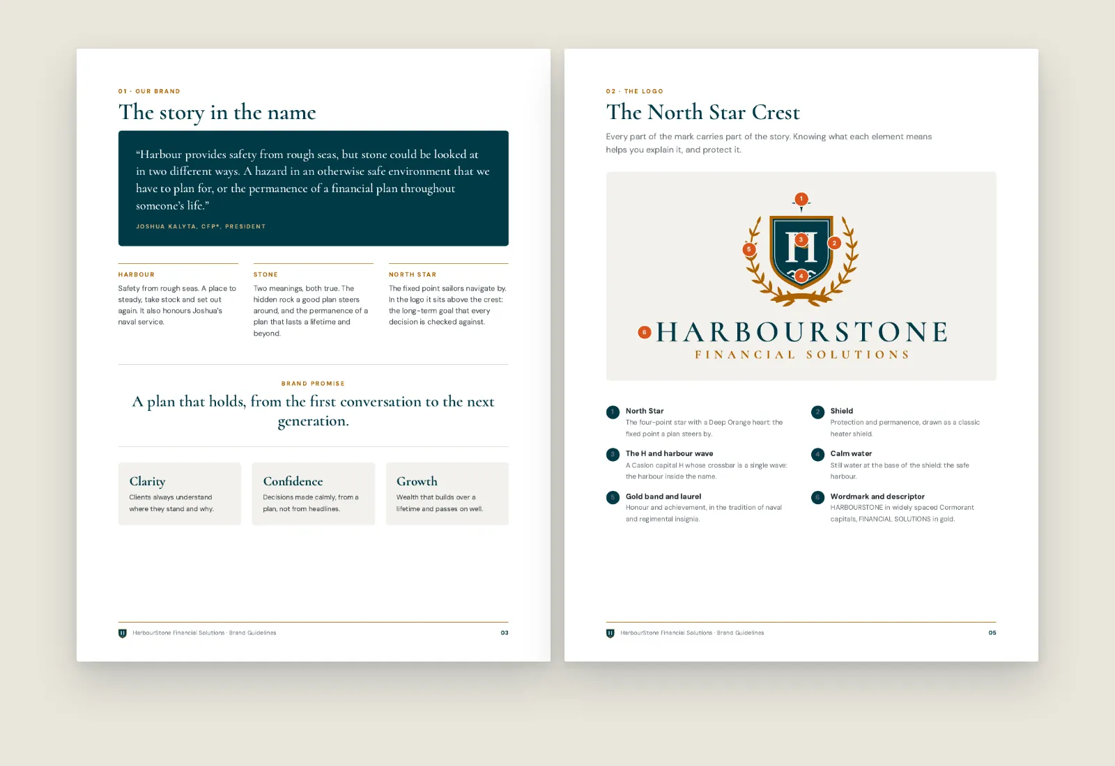 Brand guidelines pages 3 and 5: 'The story in the name', and 'The North Star Crest' with the six numbered parts of the logo explained
