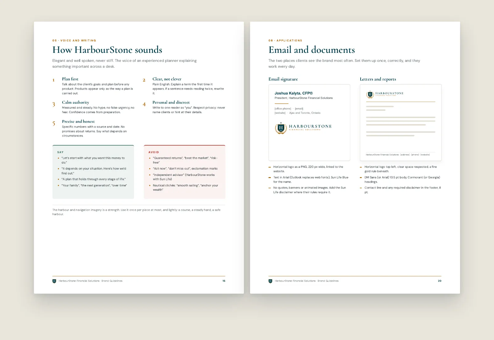 Brand guidelines pages 15 and 20: how HarbourStone sounds, with five voice principles and say and avoid lists, and email and document templates
