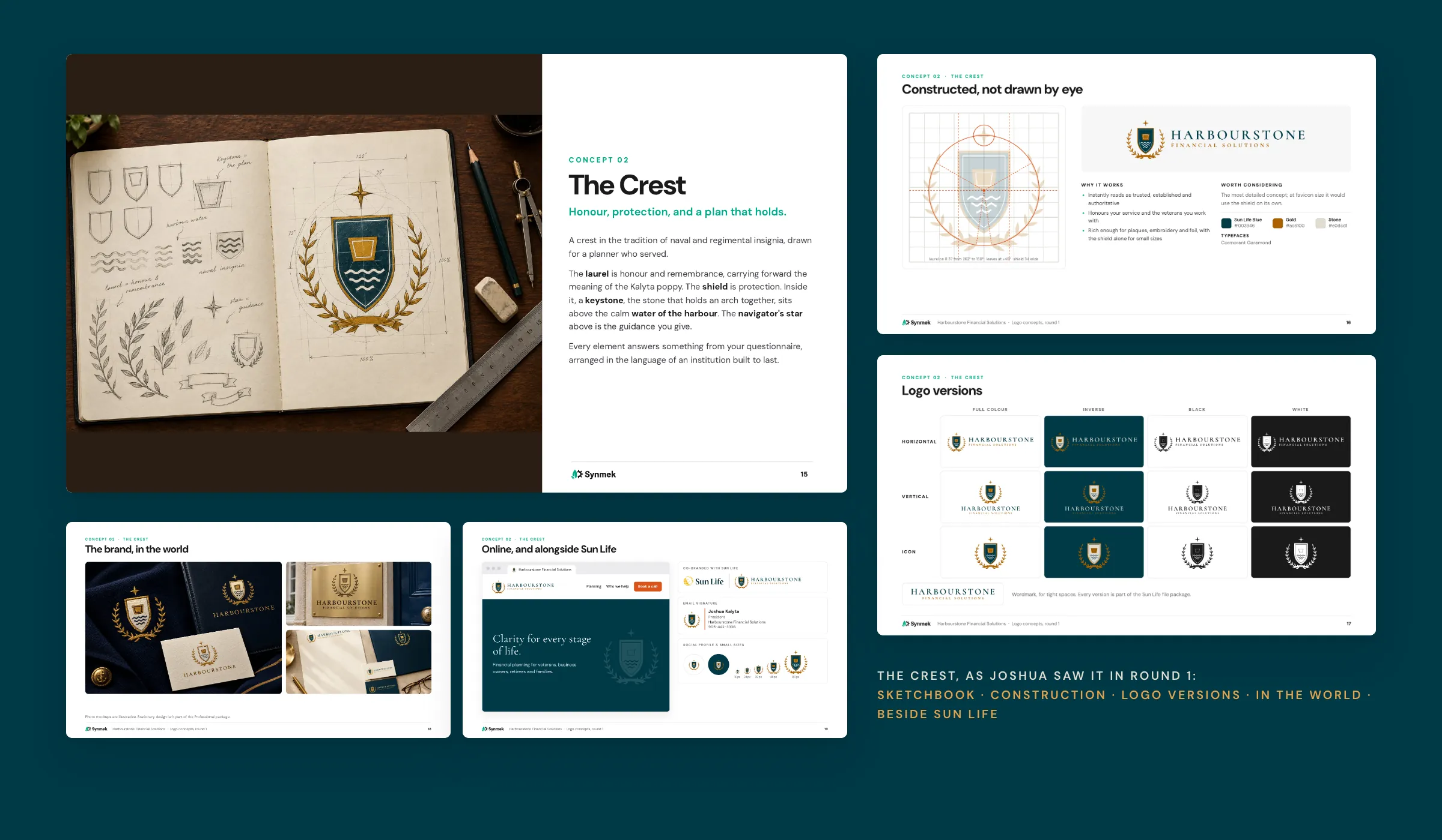 The Crest as presented in round 1: a sketchbook page with the story, the construction grid, the logo versions grid, the crest in the world on a blazer and a brass plaque, and the crest online and alongside the Sun Life logo