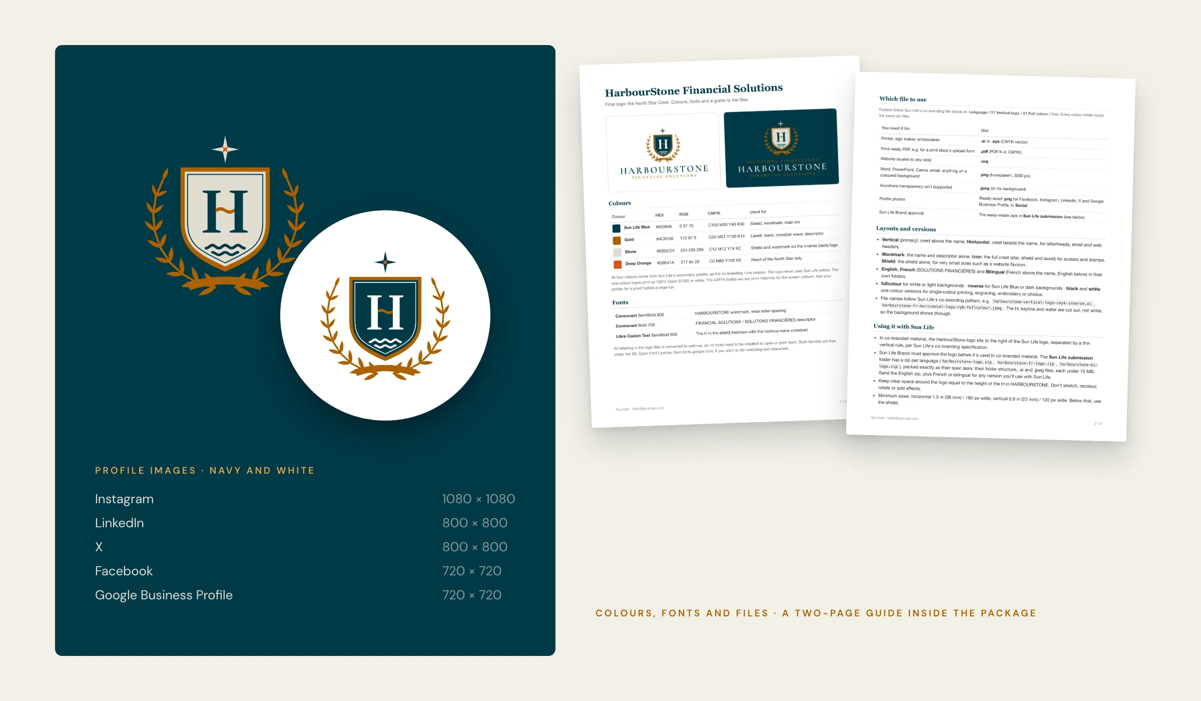 HarbourStone profile images in navy and white with the size for each platform, beside the two-page colours, fonts and files guide from the logo package