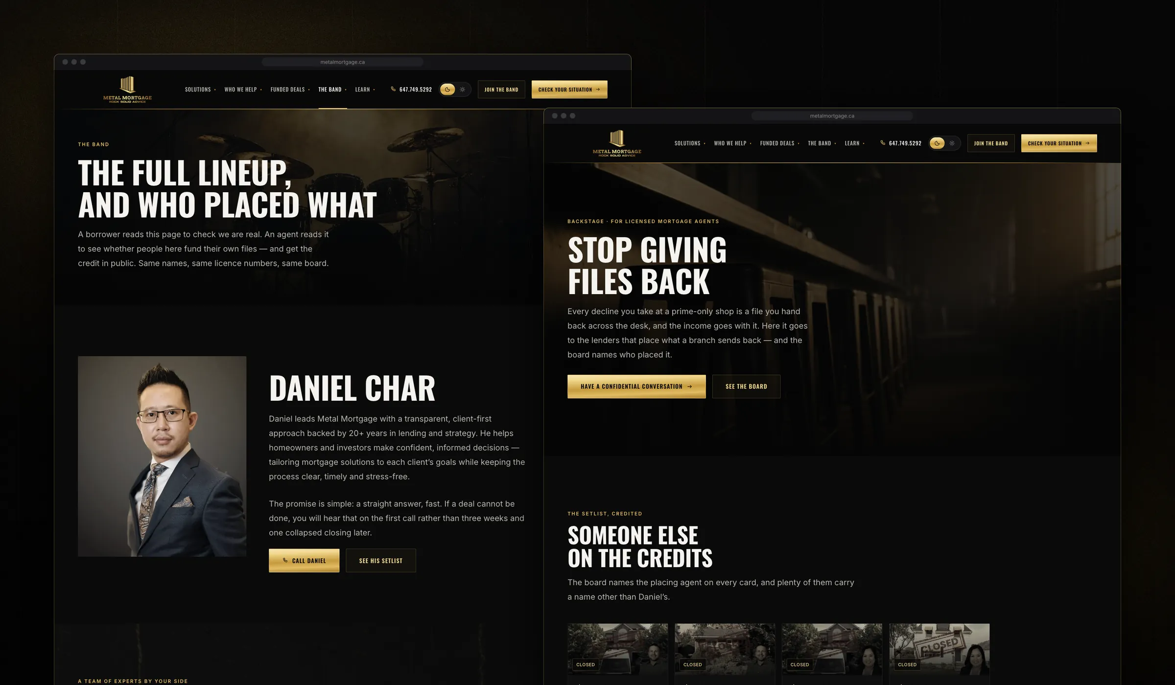 The Band page, 'The full lineup, and who placed what', with the principal broker's profile, and the Join The Band page, 'Stop giving files back', with deal cards credited to the agents who placed them