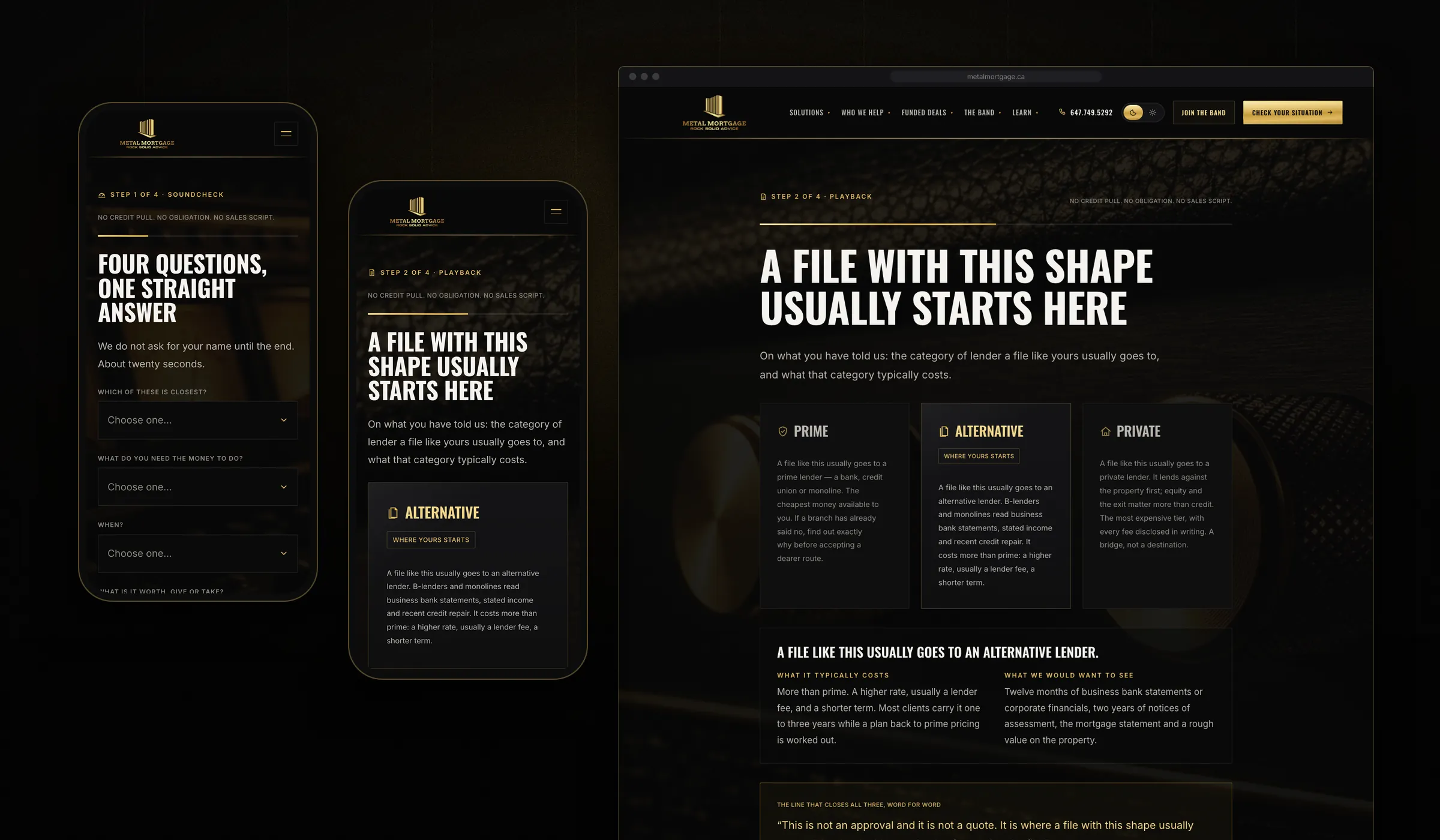Check Your Situation on mobile and desktop: step one asks three questions without asking for a name, and step two plays the answer back as prime, alternative or private, with 'where yours starts' marked