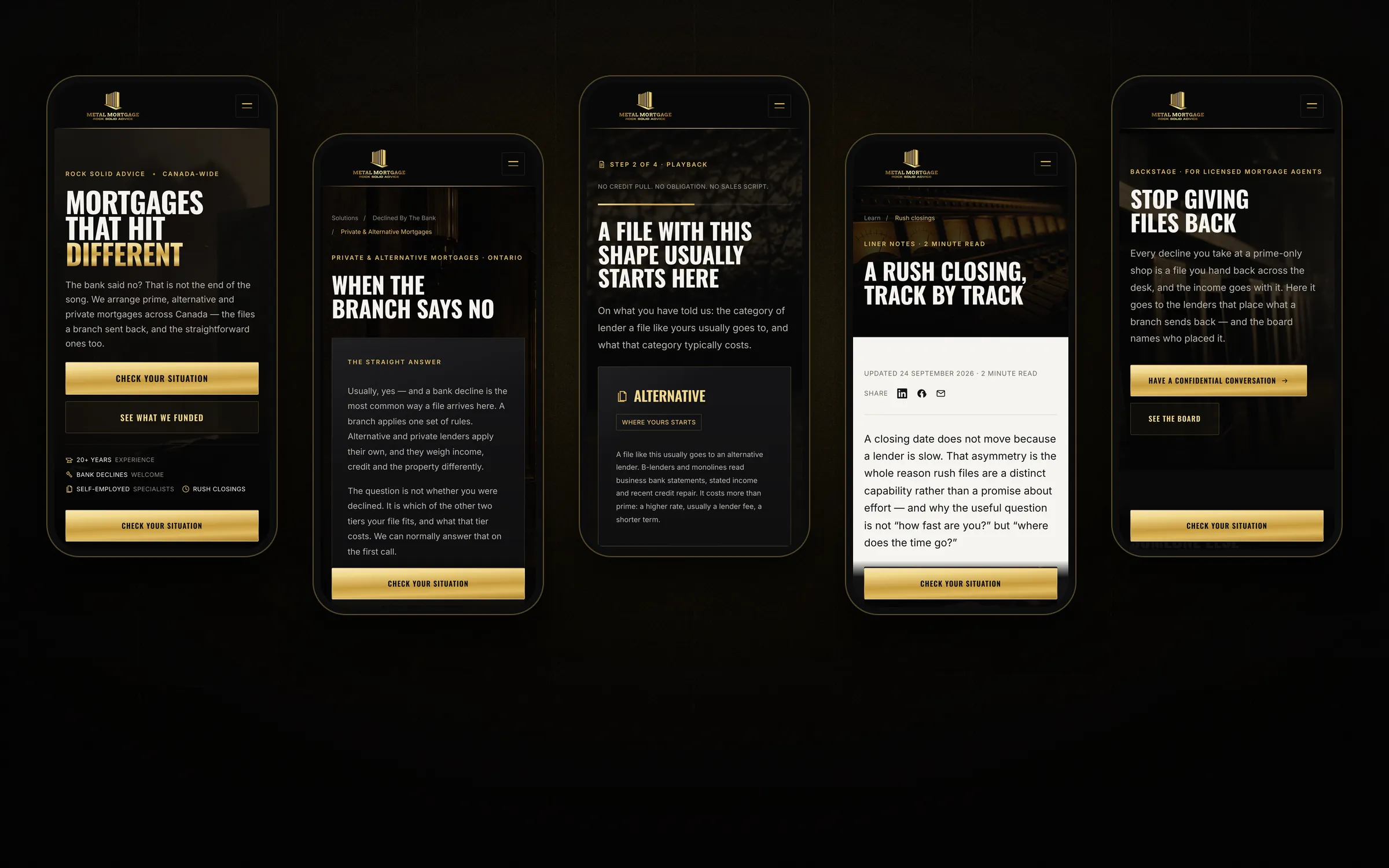 Five phone screens from the Metal Mortgage website: the homepage, a service page, step two of the eligibility check, an article and the Join The Band page, each with Check Your Situation pinned to the bottom