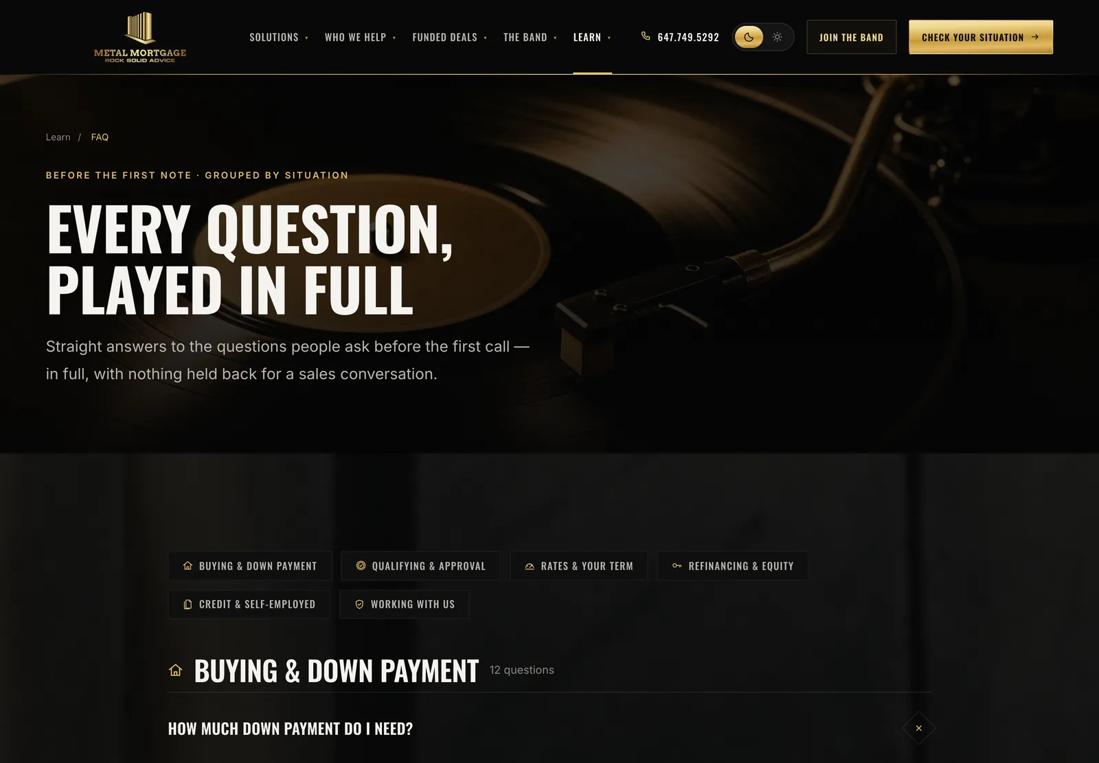 The FAQ page: 'Every question, played in full', with questions grouped by situation
