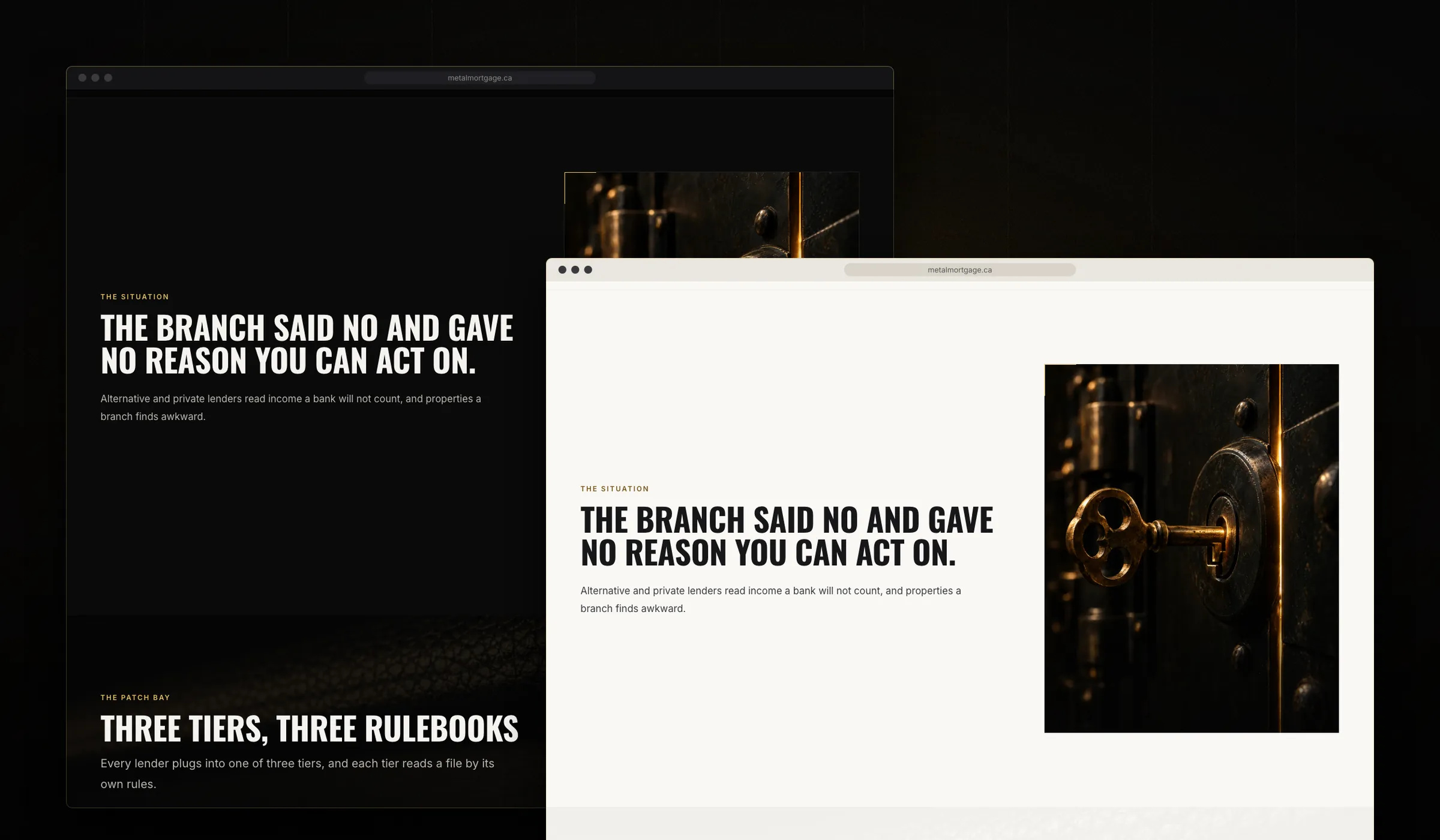 The same section of a Metal Mortgage service page in the dark theme and the light theme: 'The branch said no and gave no reason you can act on' beside a gold-lit lock photograph that stays dark in both