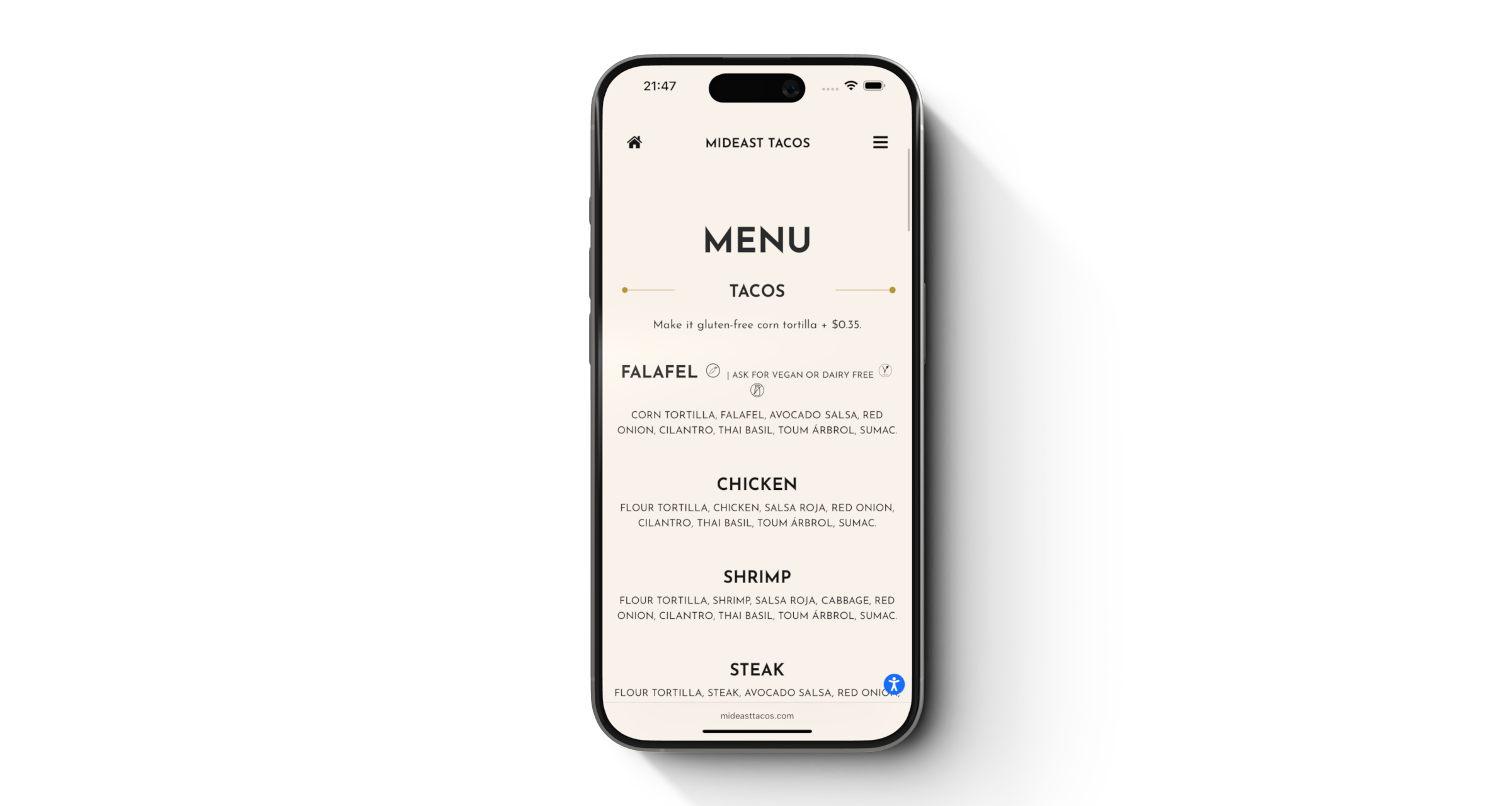 MidEast Tacos Mobile Menu