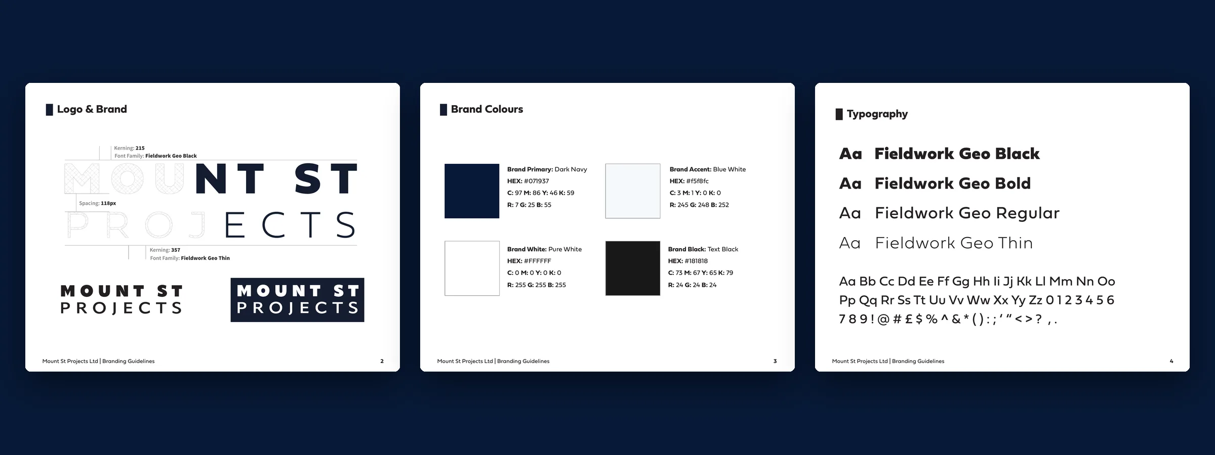 Mount St Projects brand guidelines pages: the MOUNT ST PROJECTS wordmark with spacing notes, navy and white brand colours with values, and the Fieldwork Geo typography specimen