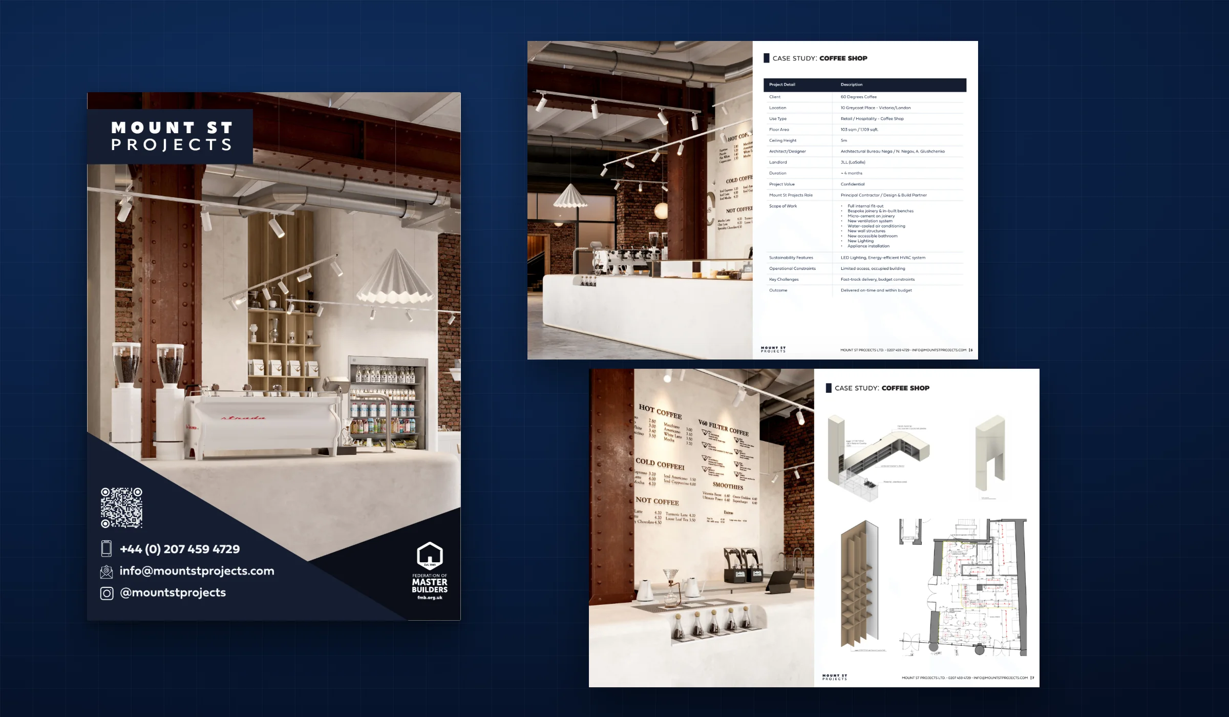 The Mount St Projects corporate overview brochure: the cover, a spread with a coffee shop interior and the 60 Degrees Coffee project sheet, and a spread with the menu wall and joinery drawings with the floor plan