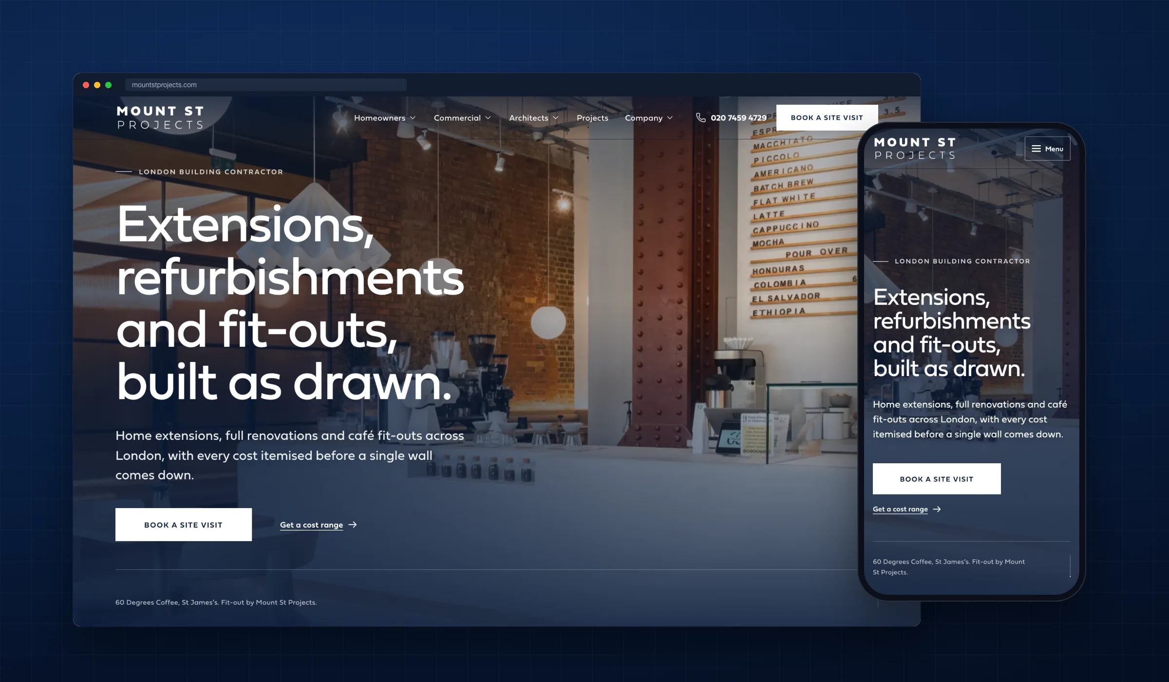 The Mount St Projects construction company website on desktop and mobile: a full-screen photograph of the 60 Degrees Coffee fit-out behind the headline 'Extensions, refurbishments and fit-outs, built as drawn.'