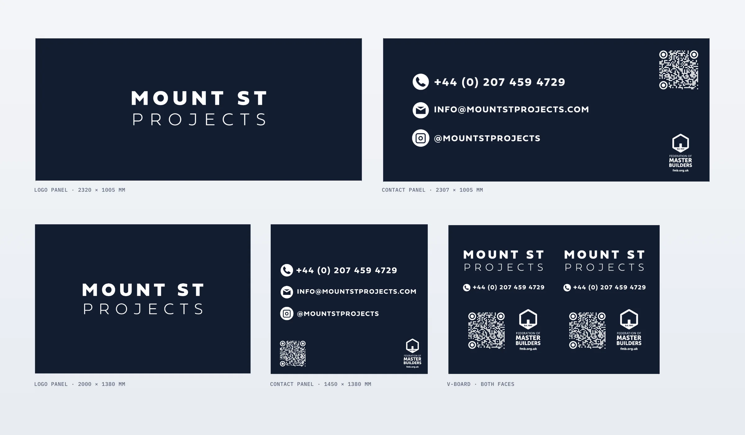 Mount St Projects hoarding artwork: logo and contact panels at 2320 by 1005 mm, 2307 by 1005 mm, 2000 by 1380 mm and 1450 by 1380 mm, and both faces of the V-board