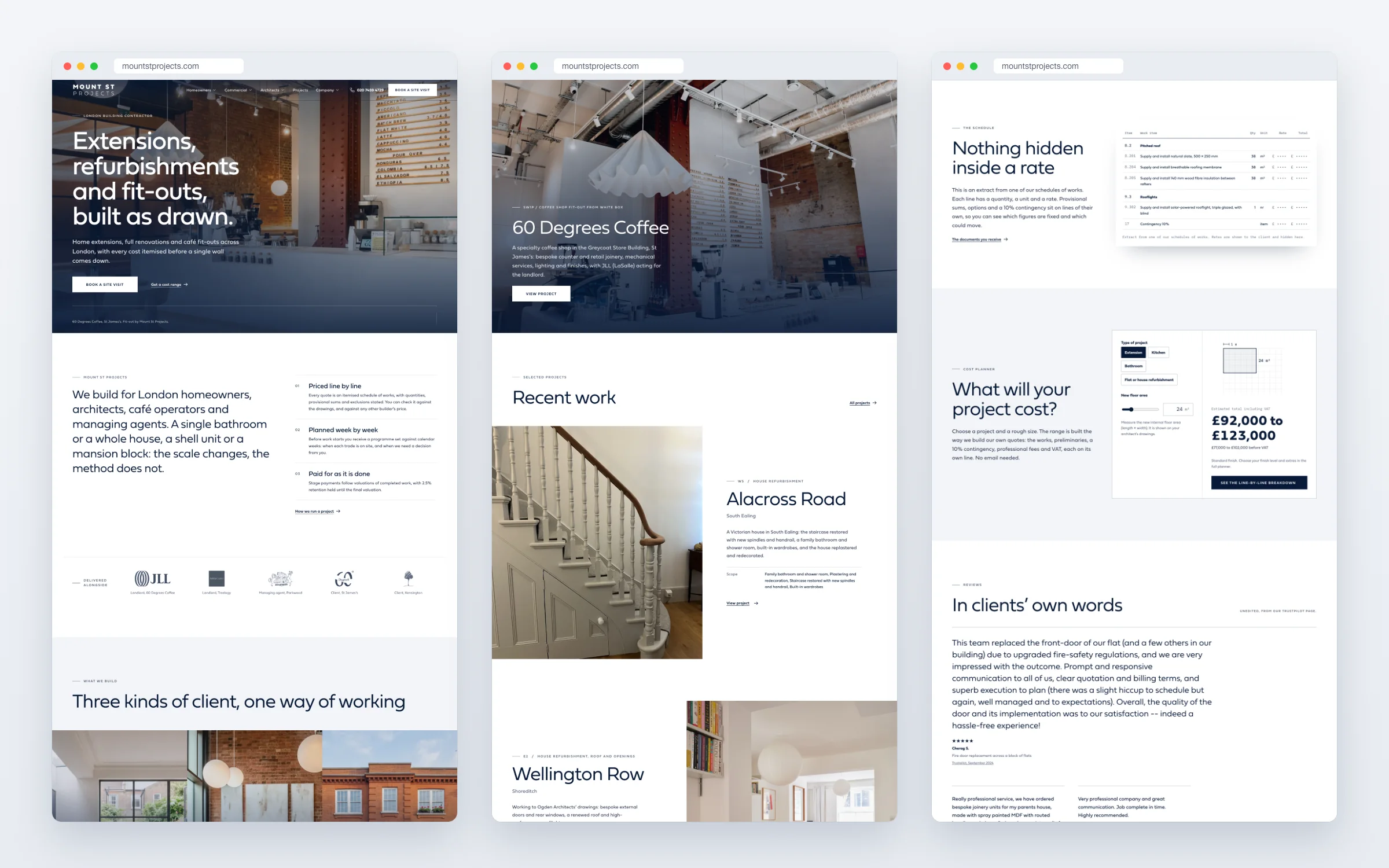 Three slices of the Mount St Projects homepage: the photographic hero, working principles and client types; the 60 Degrees Coffee showcase and recent work; and the schedule of works extract, cost planner and reviews