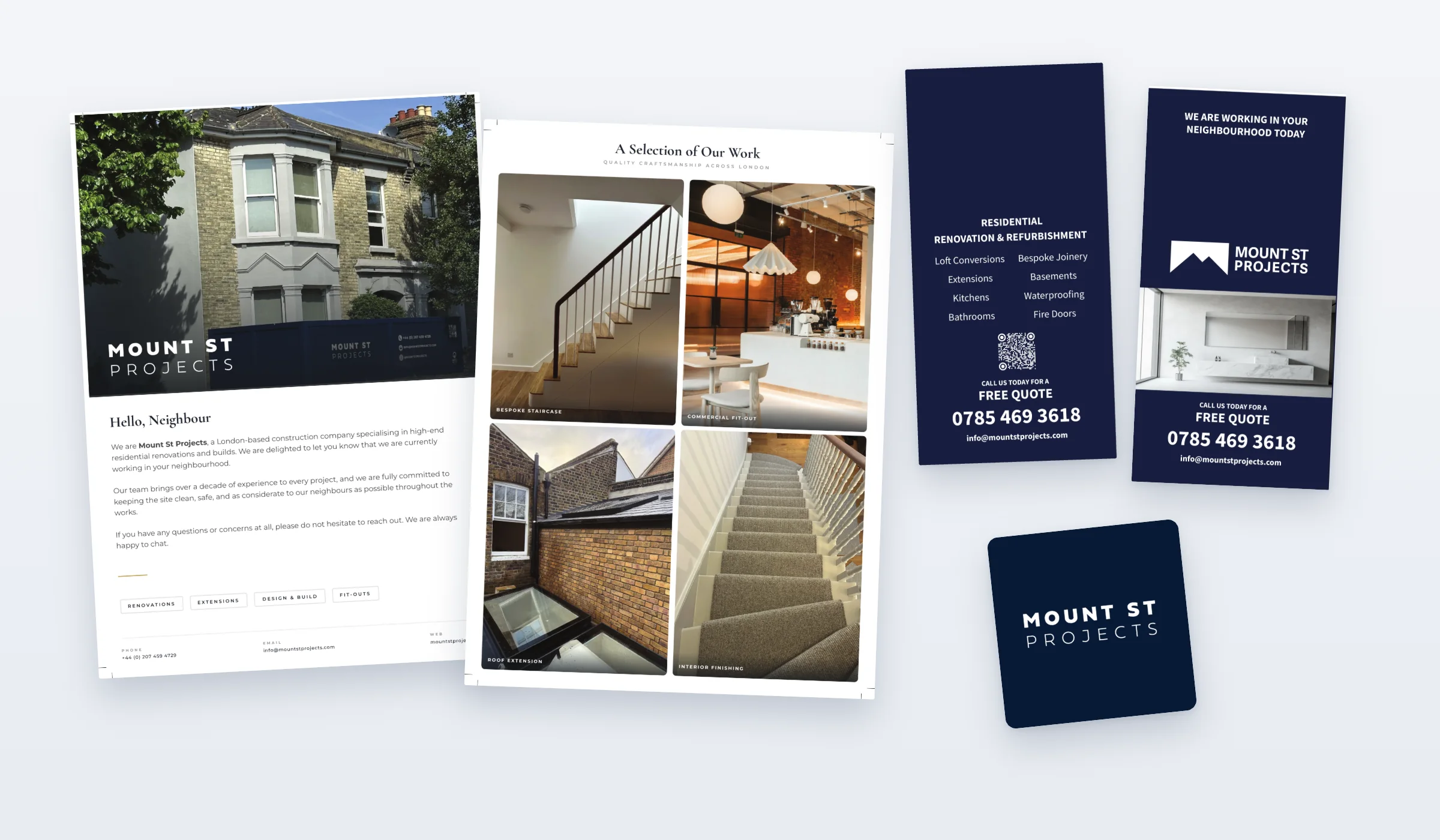 Mount St Projects neighbourhood print: the Hello, Neighbour leaflet front with a hoarded Victorian house and its back with four finished projects, both sides of a navy door hanger, and a logo sticker