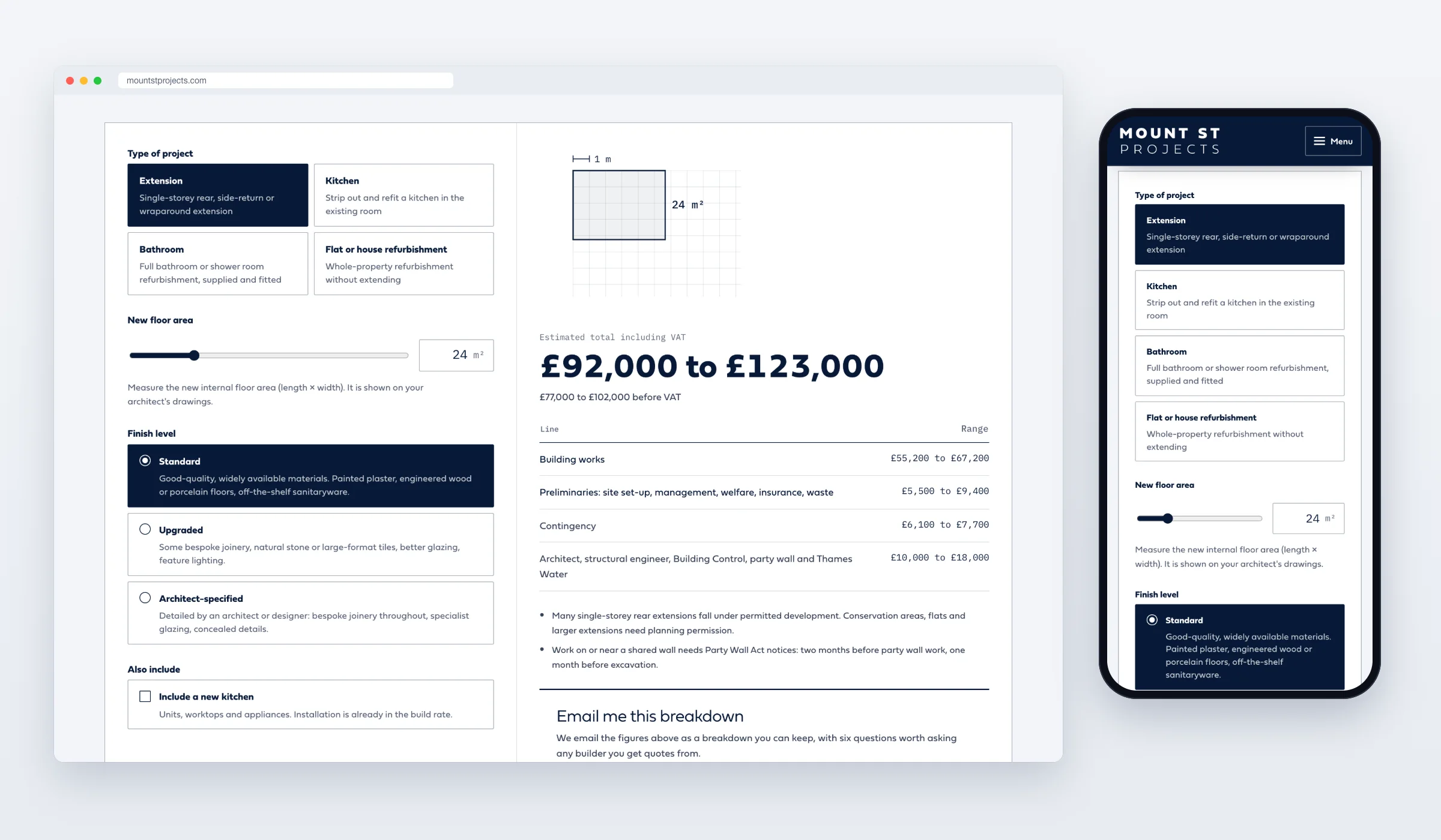 The London renovation cost calculator on desktop and mobile, showing a 24 square metre extension with an estimated total range and a line-by-line breakdown