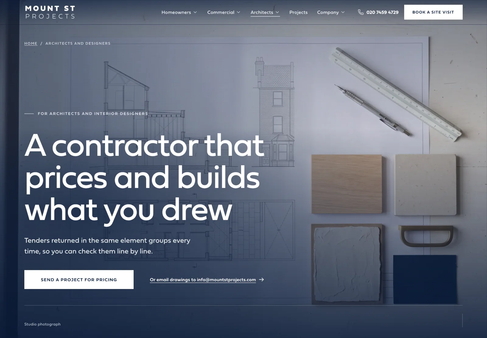The architects page: 'A contractor that prices and builds what you drew'