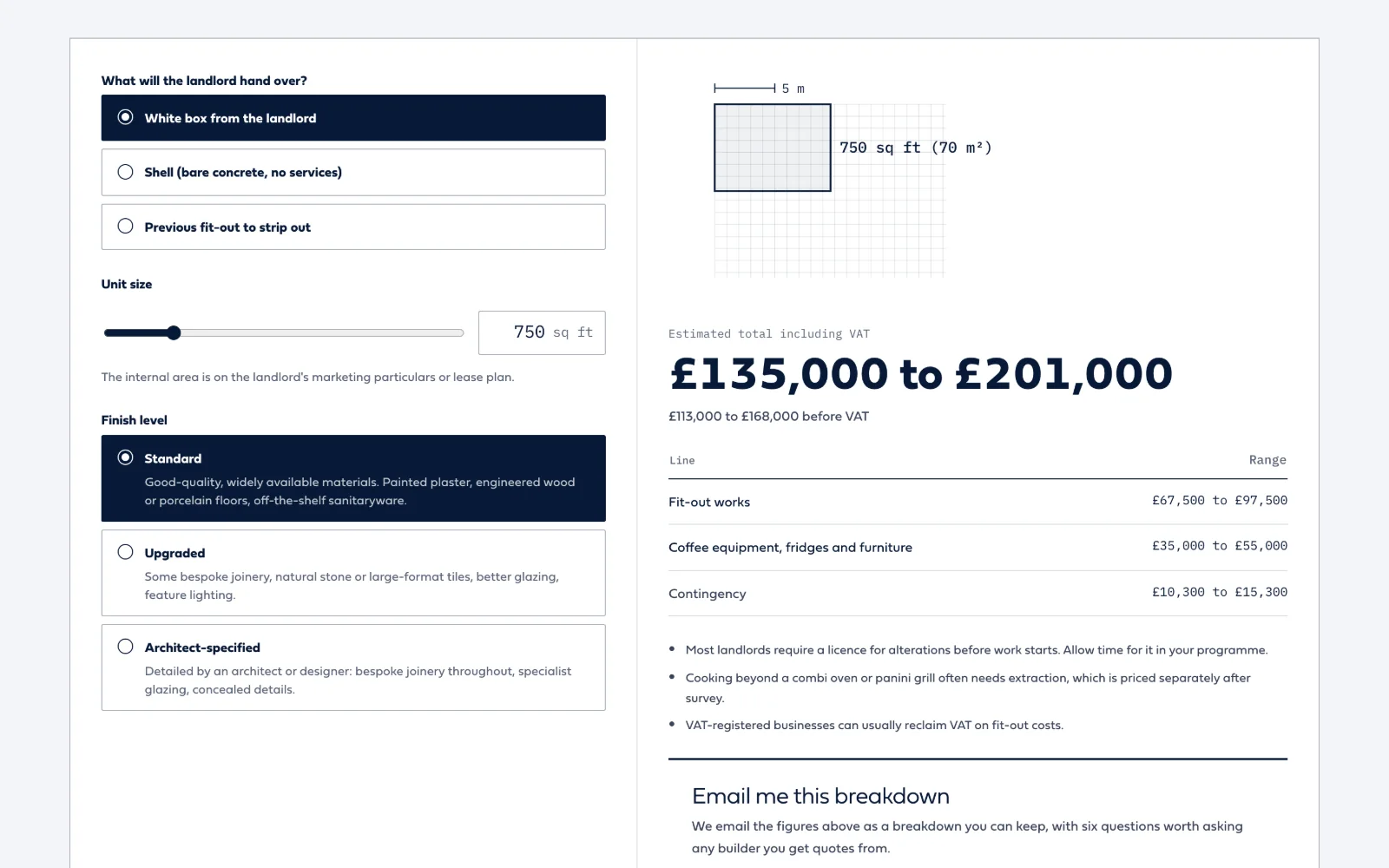 The coffee shop fit-out cost calculator on the Mount St Projects website
