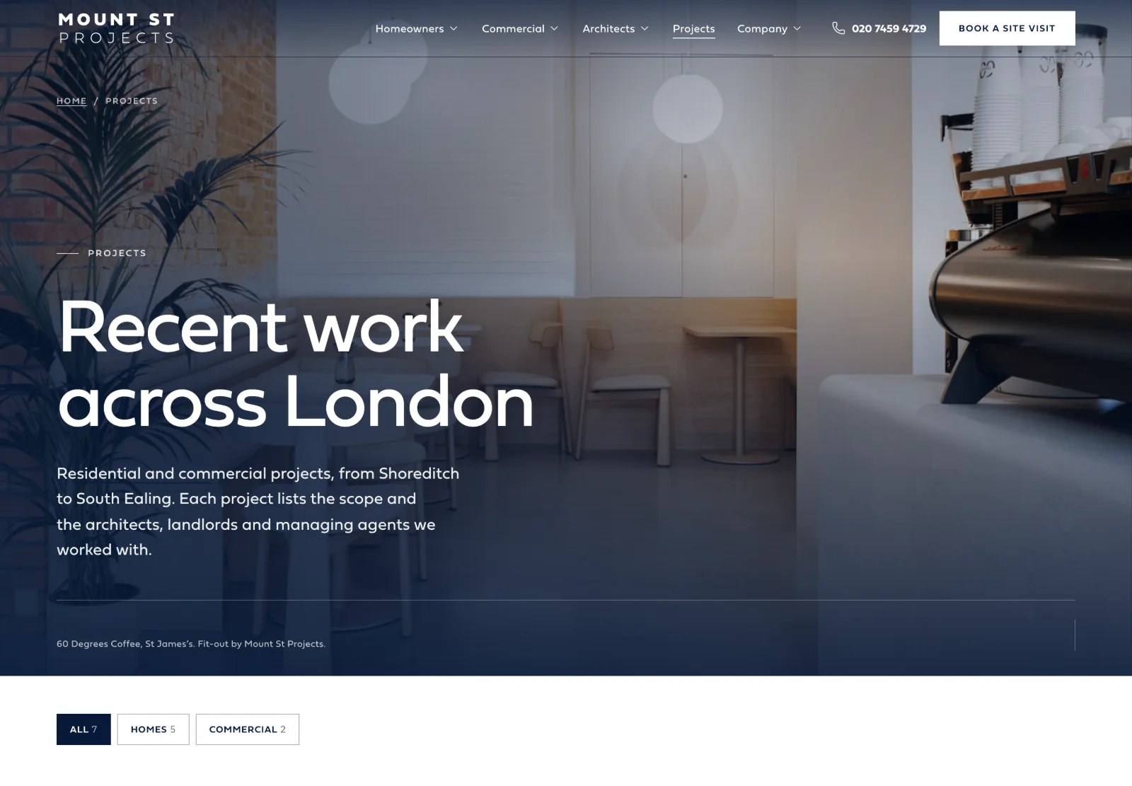 The projects index: 'Recent work across London' with filters by type of work