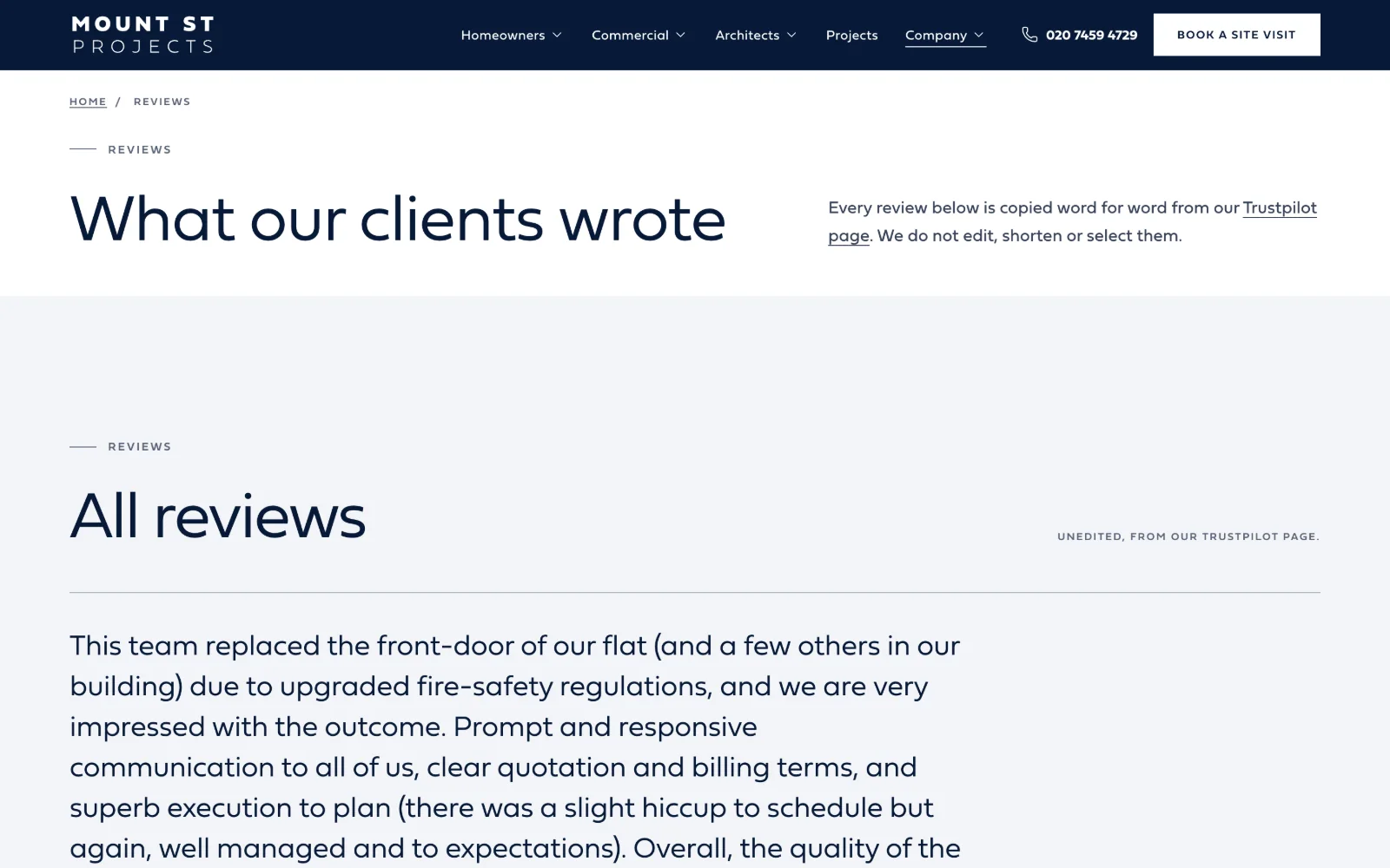 The reviews page: 'What our clients wrote', every Trustpilot review of Mount St Projects copied word for word