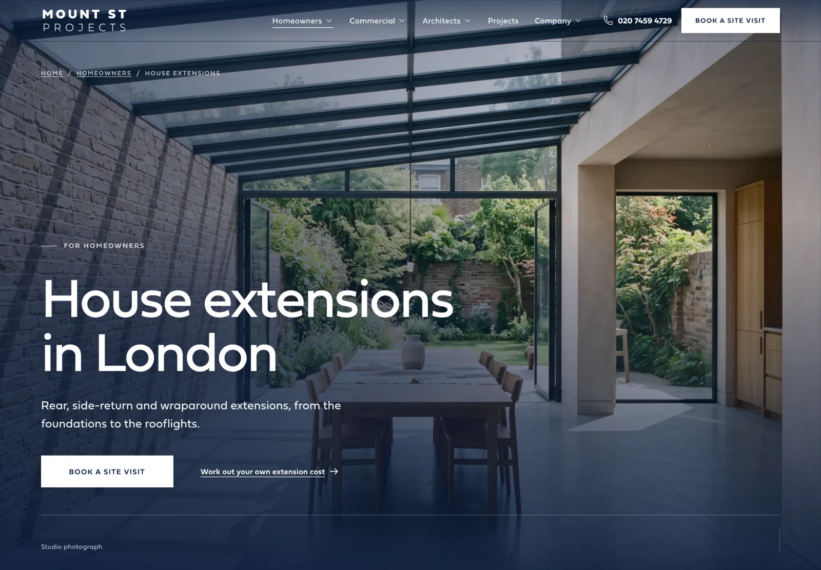 The House extensions in London service page on the Mount St Projects website, opening on a full-screen photograph of a glazed rear extension
