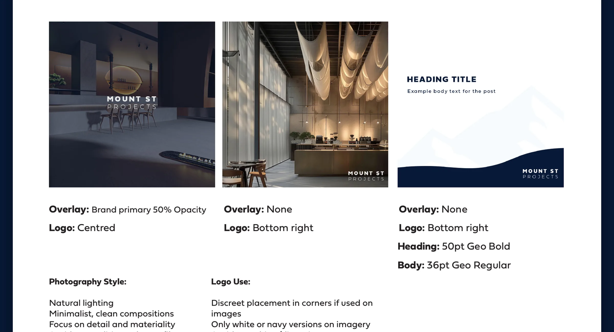 Mount St Projects social media visual guidelines: navy overlay, clean photo and heading post layouts with logo placement and photography style notes