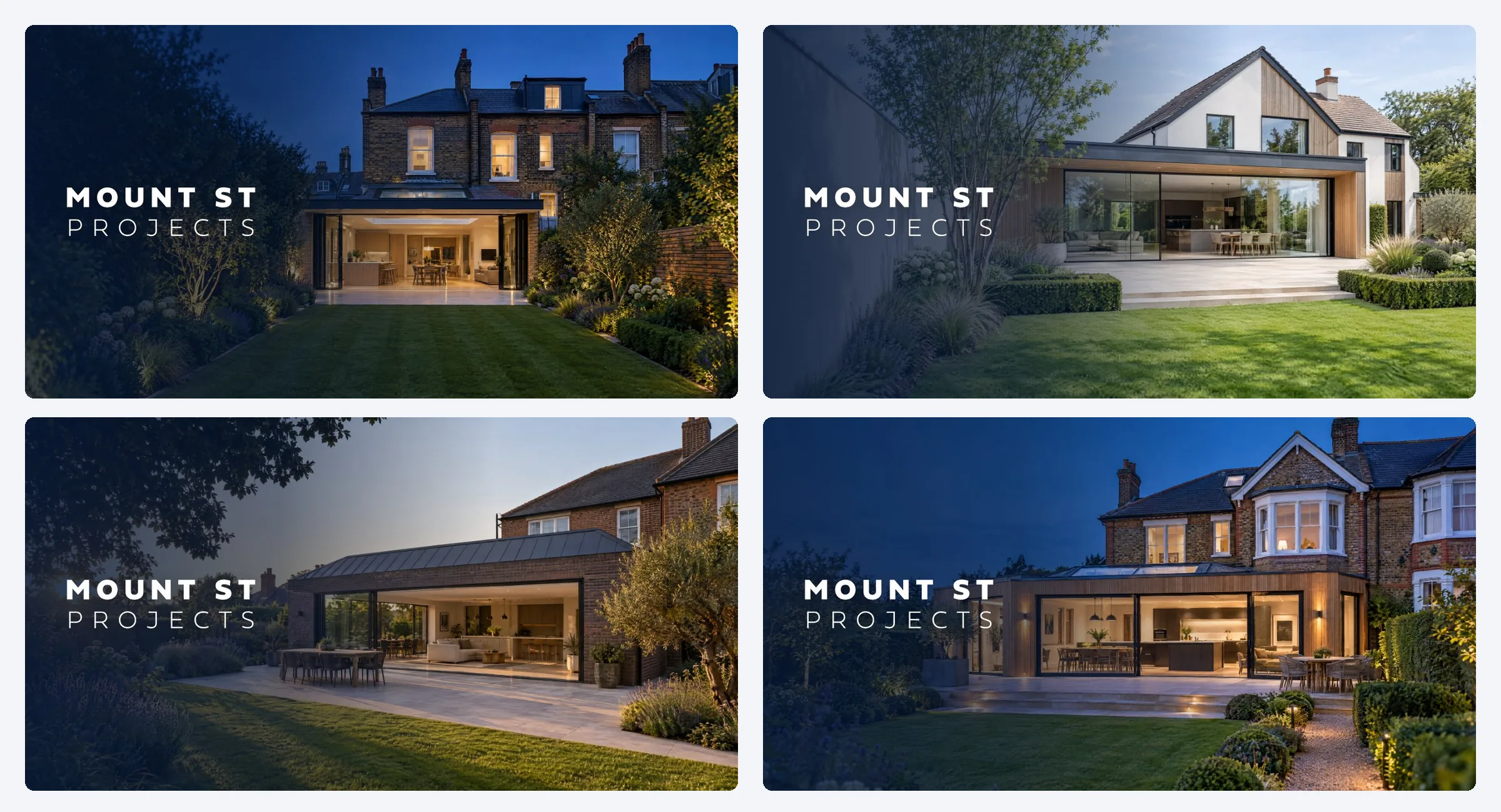 Four Mount St Projects social media posts: London house extensions at dusk with a navy overlay and the white wordmark