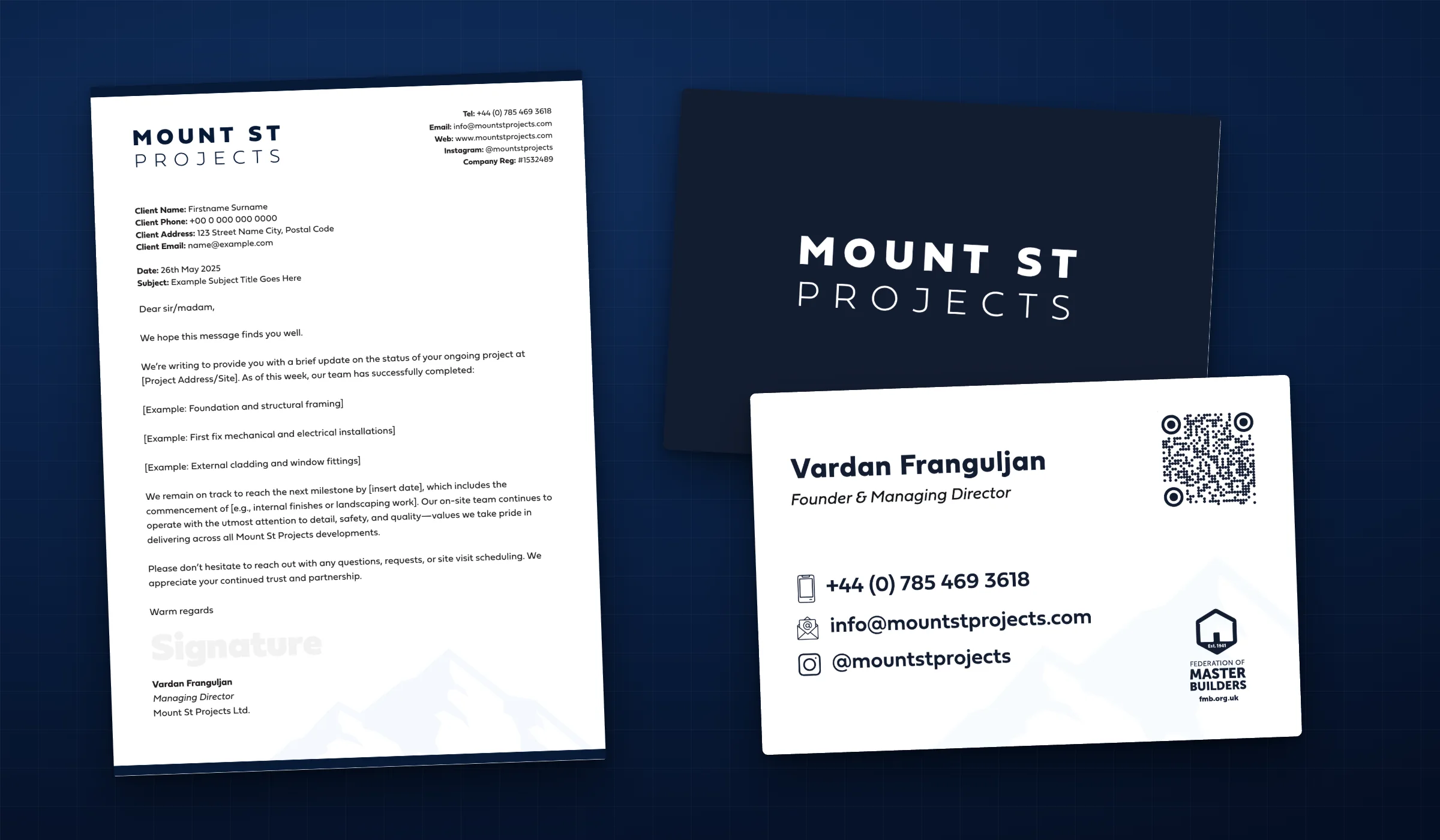 Mount St Projects 2025 stationery: a company letterhead with a progress update layout, and a business card with a navy logo face and a white reverse showing the Founder and Managing Director's contact details, QR code and FMB badge