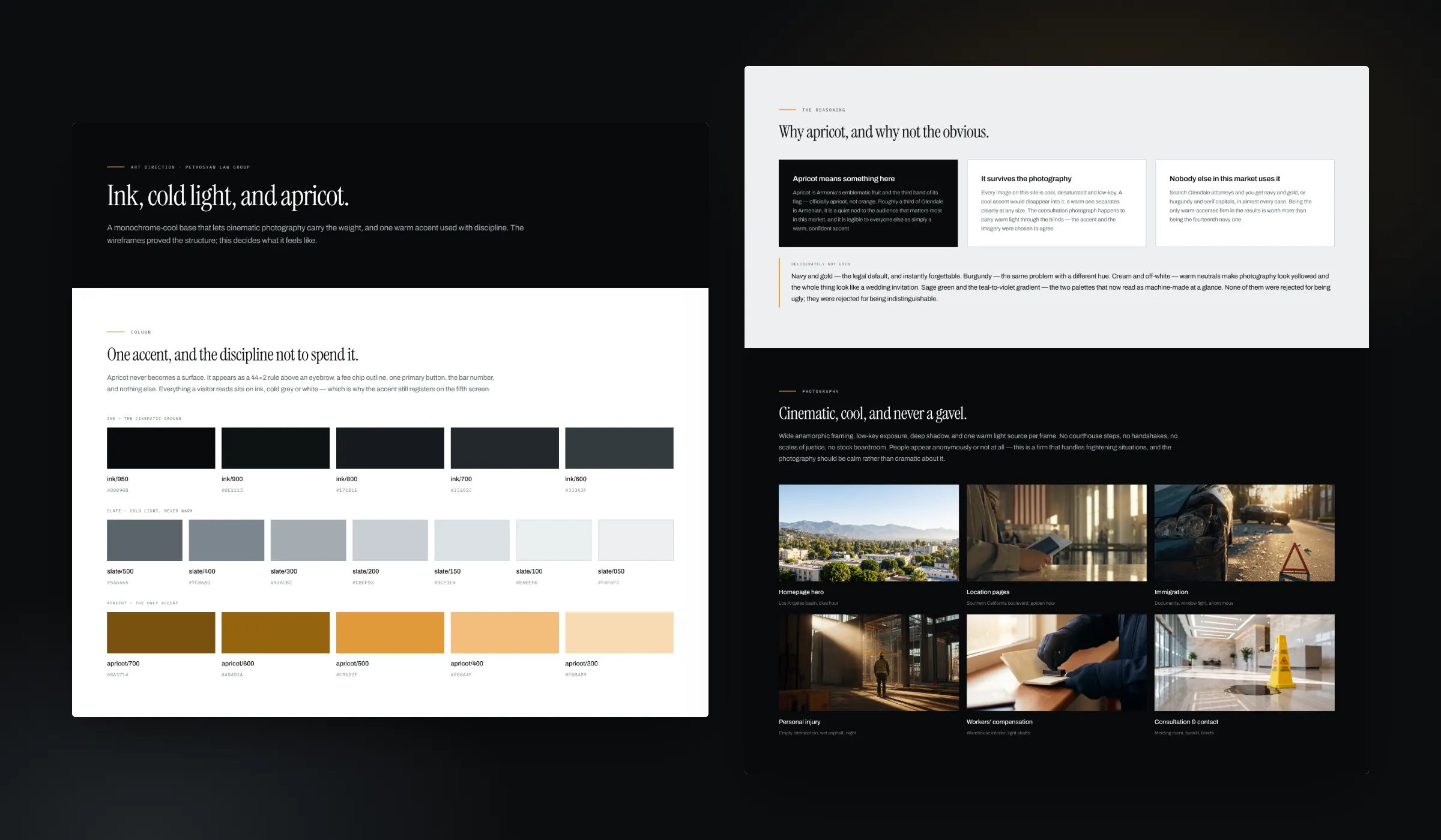 The art direction board from the visual design file: the ink, slate and apricot palette, 'Why apricot, and why not the obvious', and the photography brief 'Cinematic, cool, and never a gavel'