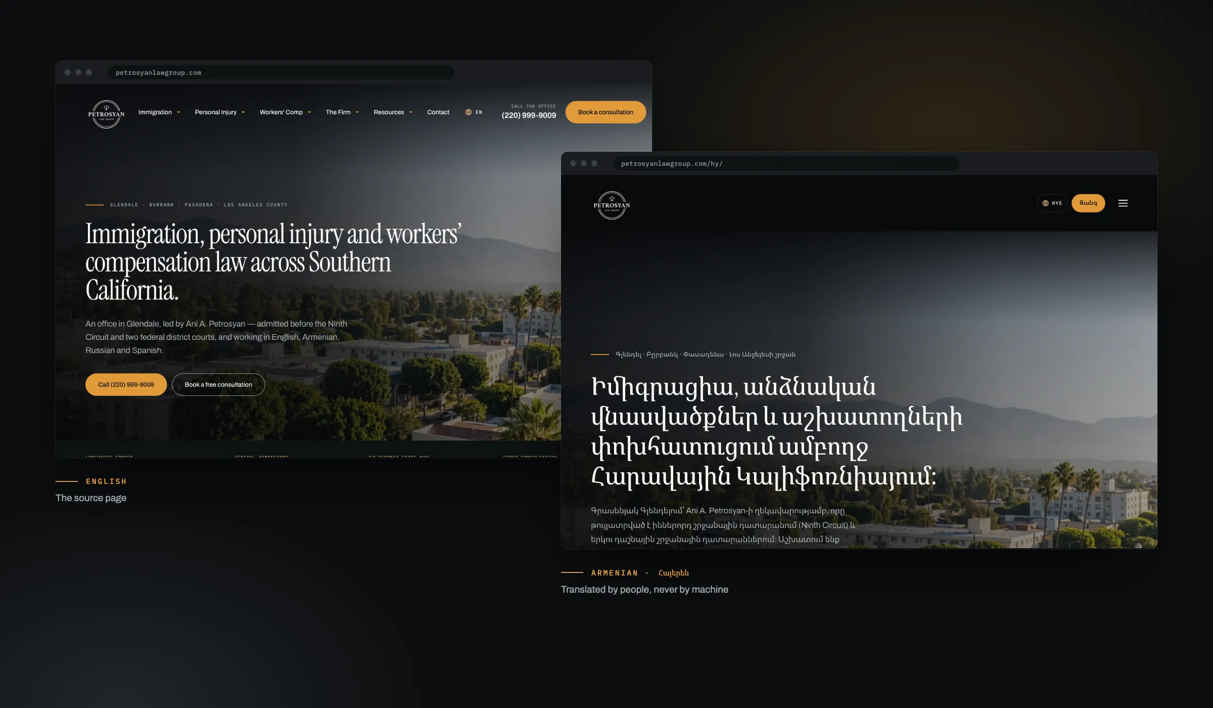 The homepage in English and in Armenian side by side, with the same Glendale photograph and the headline translated