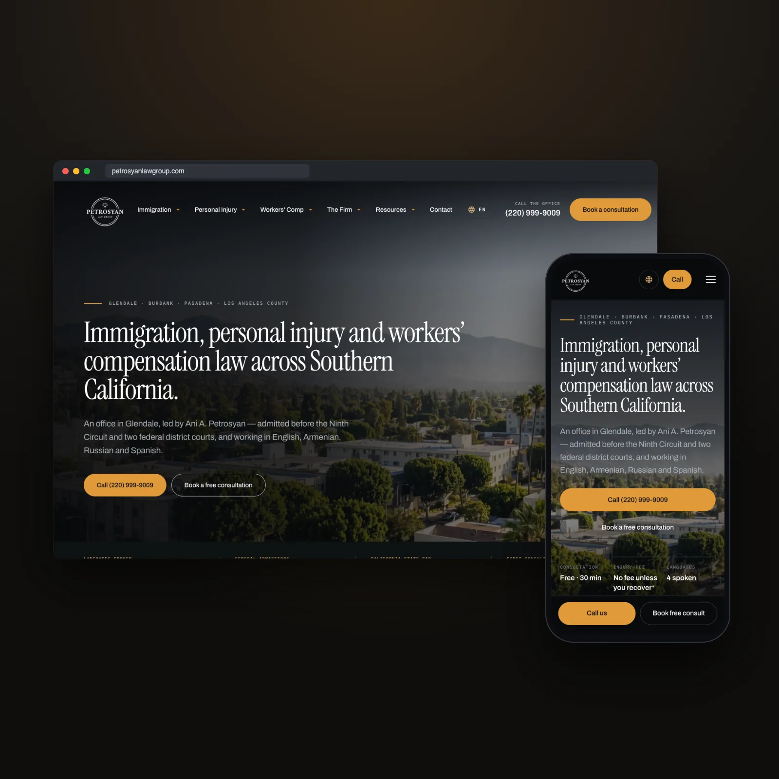 The Petrosyan Law Group website on desktop and mobile