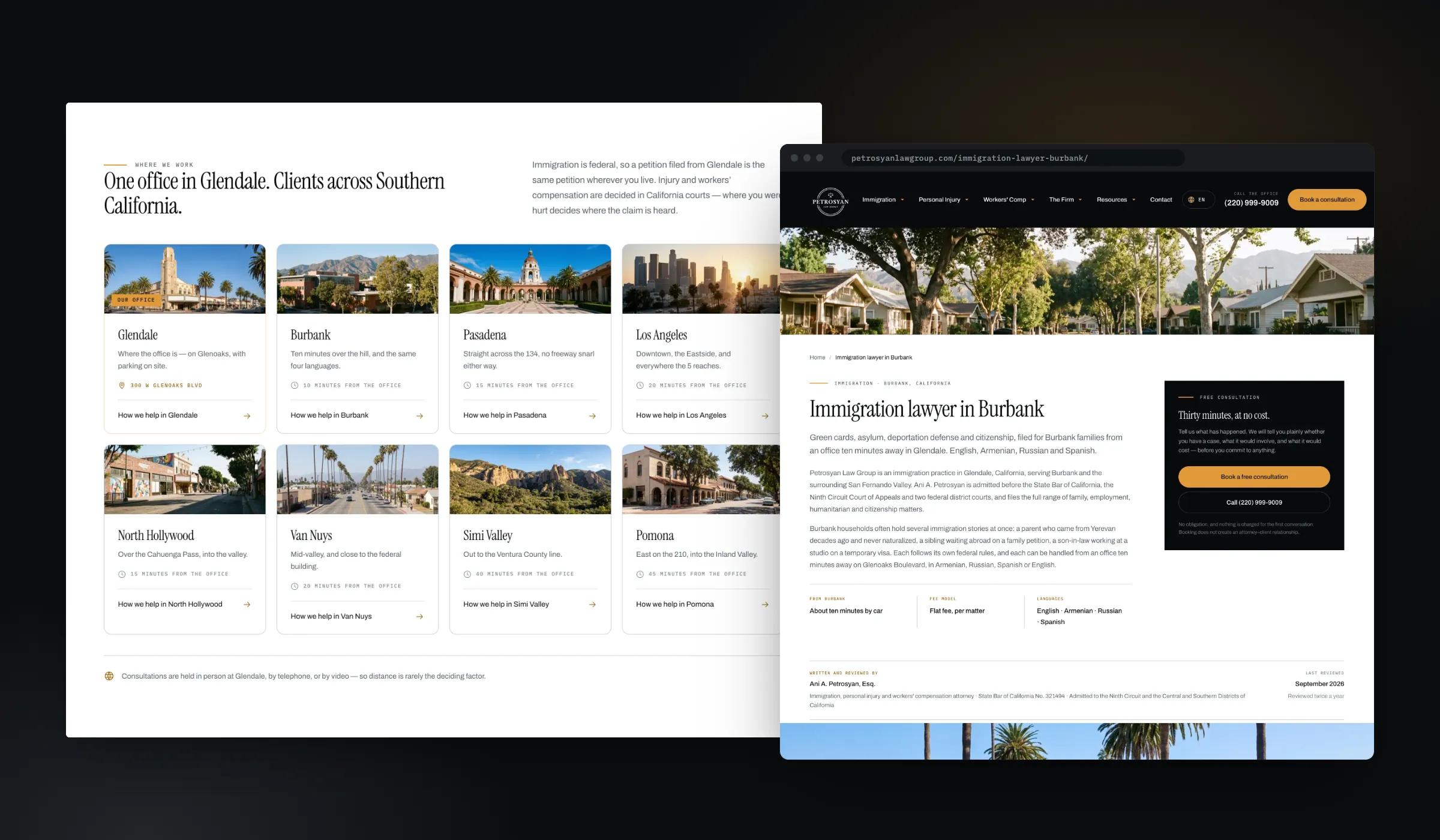 The homepage 'One office in Glendale. Clients across Southern California.' with eight city cards and drive times, beside the Immigration lawyer in Burbank page