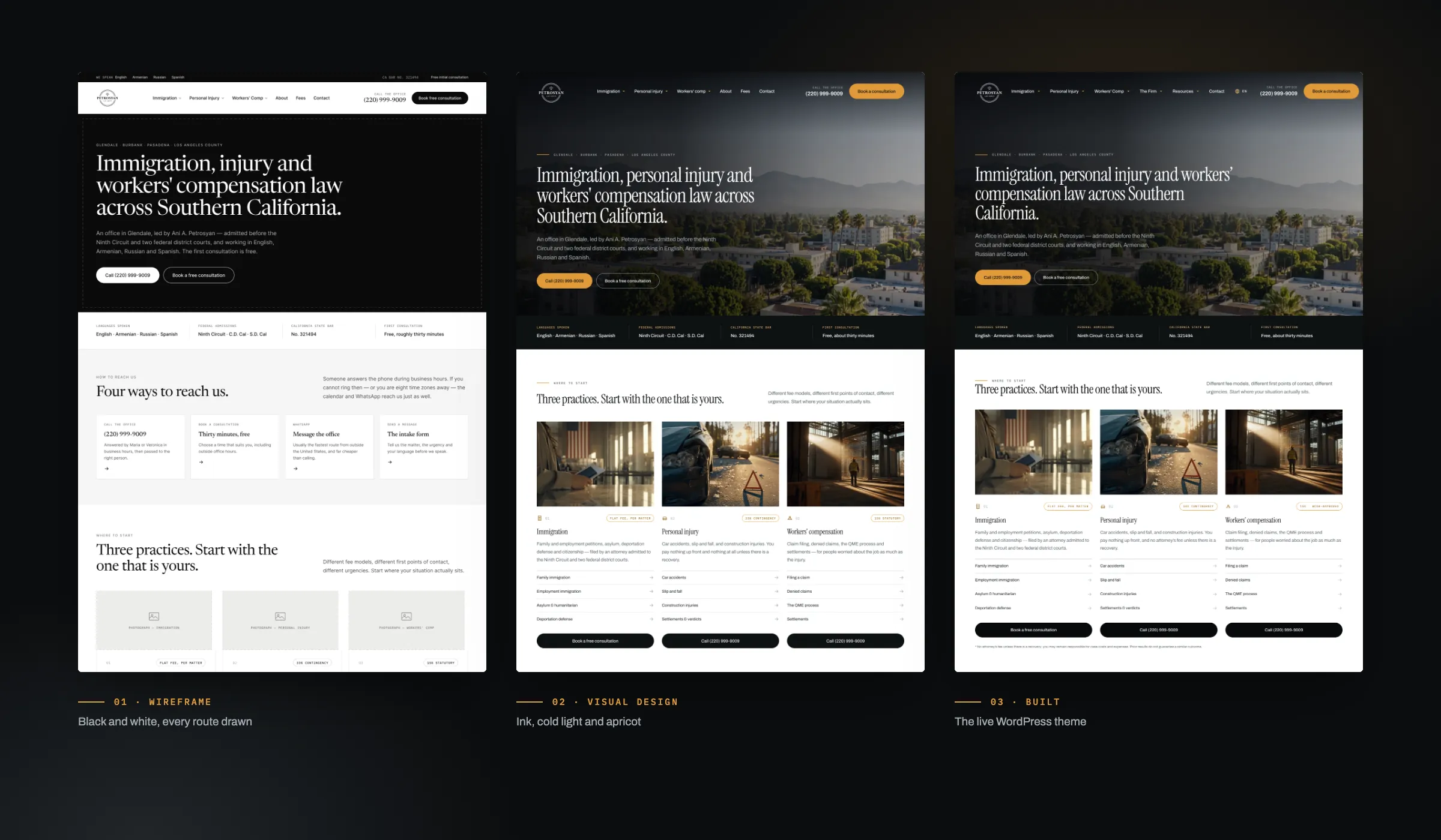 The homepage three times: the black-and-white wireframe, the visual design in ink and apricot, and the finished WordPress page