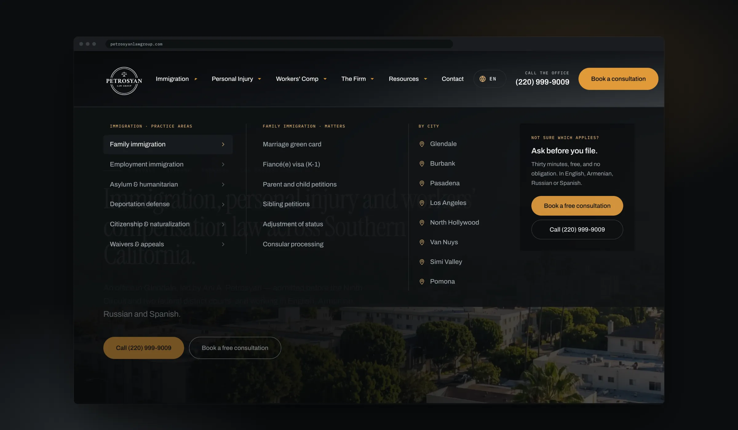 The immigration mega menu: practice areas, the family immigration matters, eight cities and an 'Ask before you file' consultation card, with the page dimmed behind it