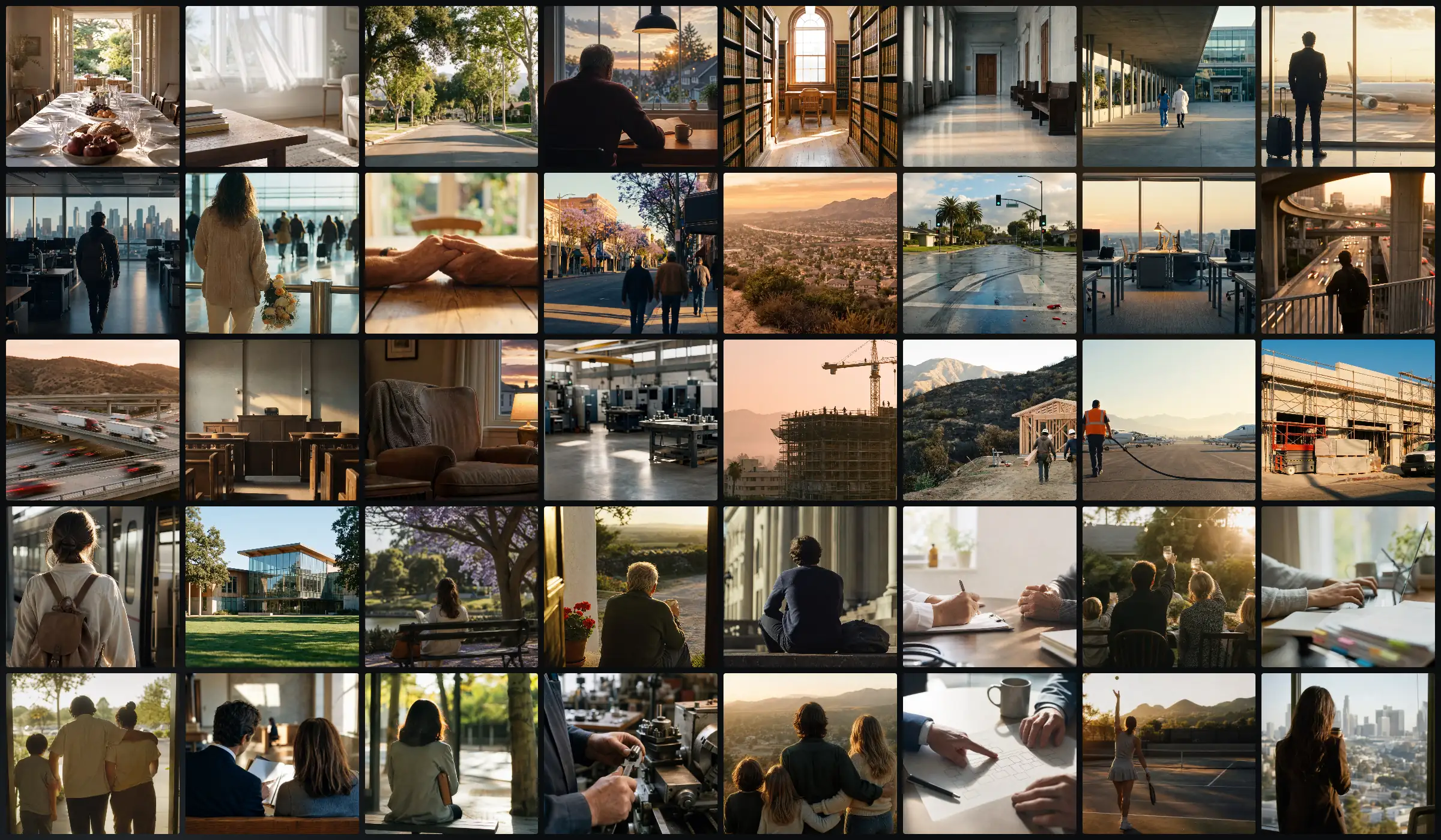 A wall of forty photographs from the site library: documents in window light, Southern California streets at golden hour, empty offices and warehouses, and people seen from behind