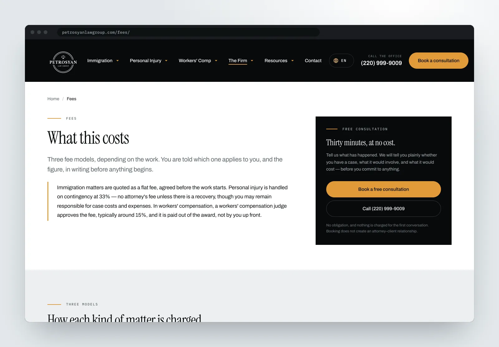 The 'What this costs' fees page, setting out the flat fee, 33% contingency and typically 15% workers' compensation fee models