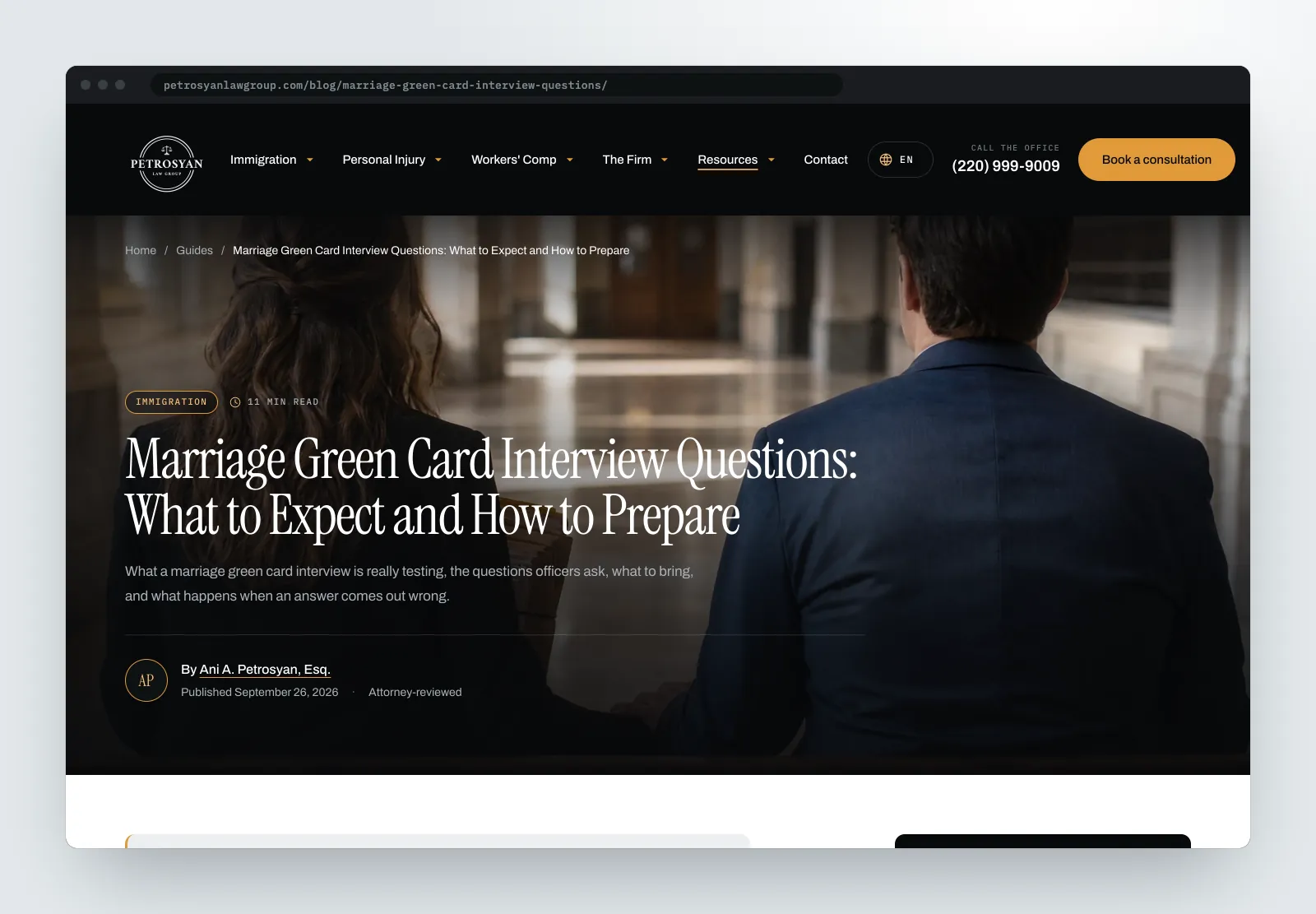 The guide 'Marriage Green Card Interview Questions: What to Expect and How to Prepare', attorney-reviewed, with an 11-minute reading time