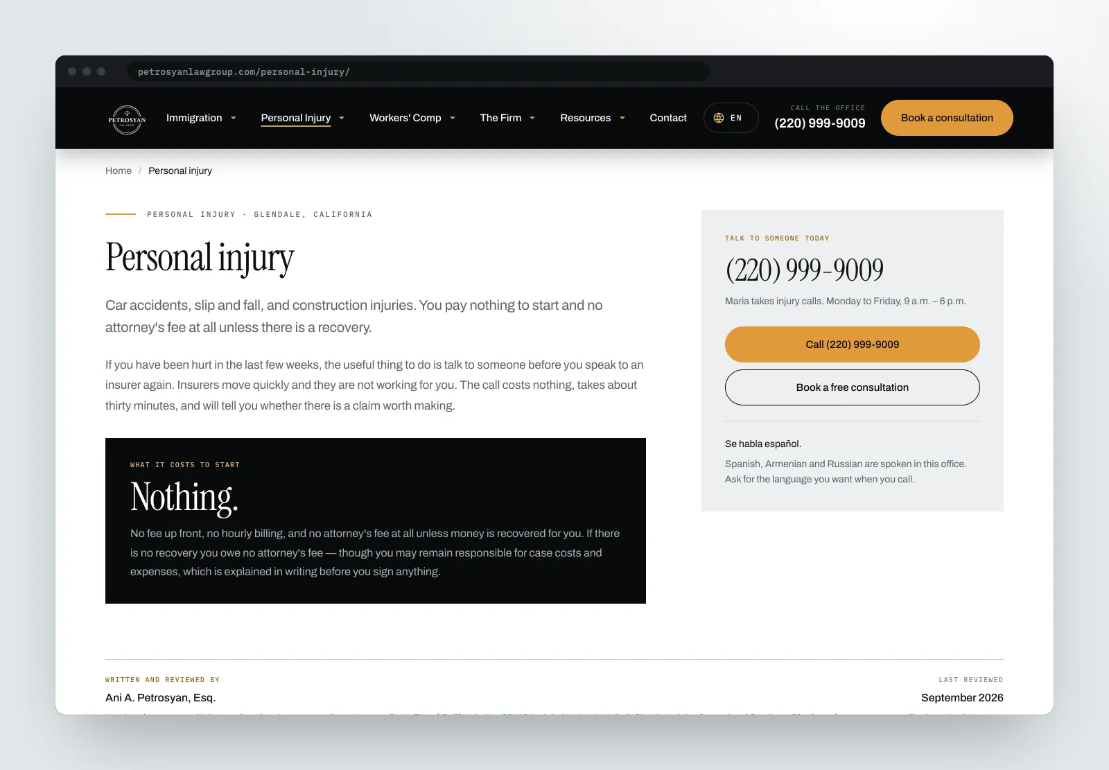 The personal injury hub, leading with the office phone number, 'Maria takes injury calls', and the 'What it costs to start: Nothing.' panel with its costs caveat