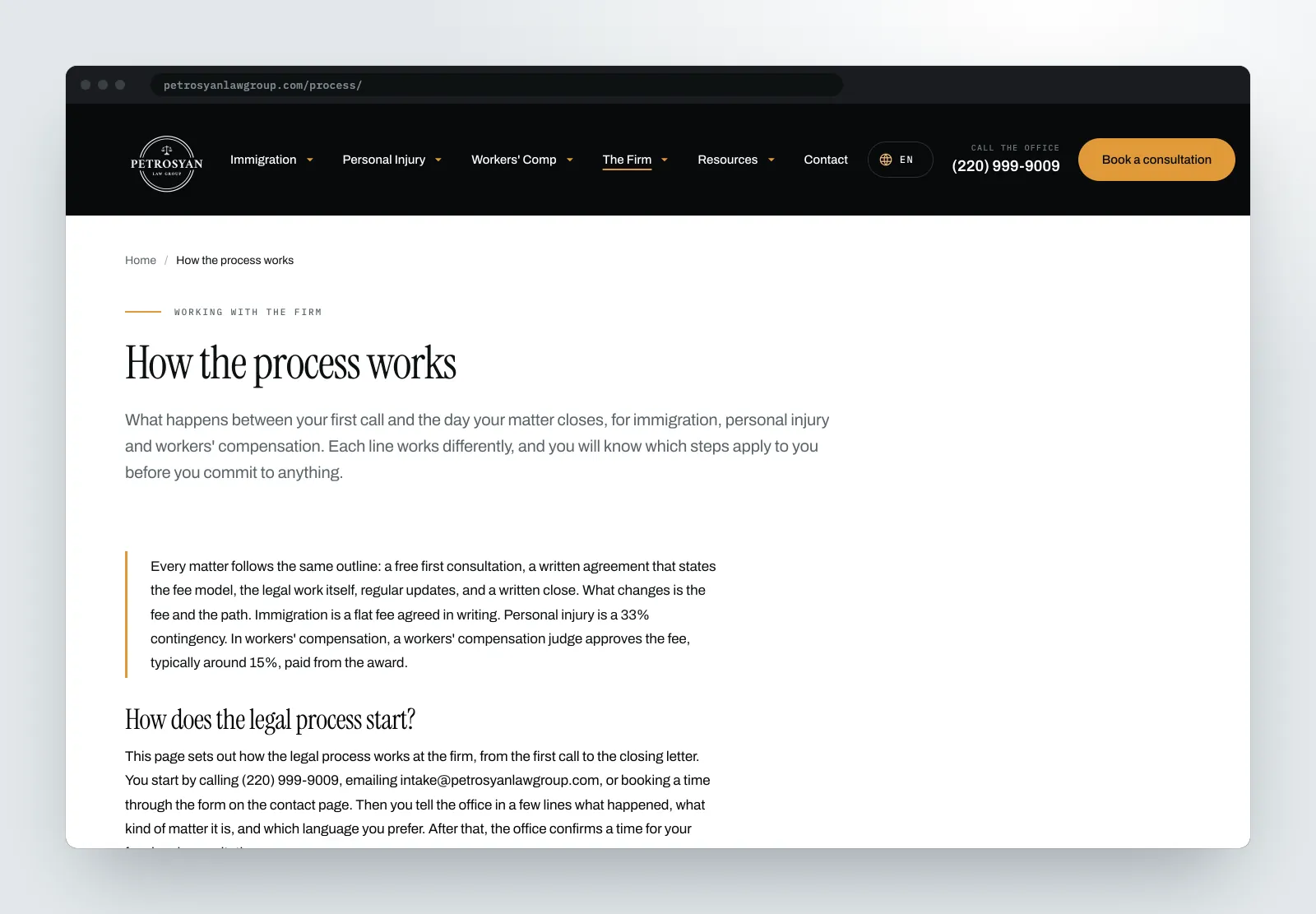The 'How the process works' page, setting out the same outline for every matter and what changes between the three practice lines
