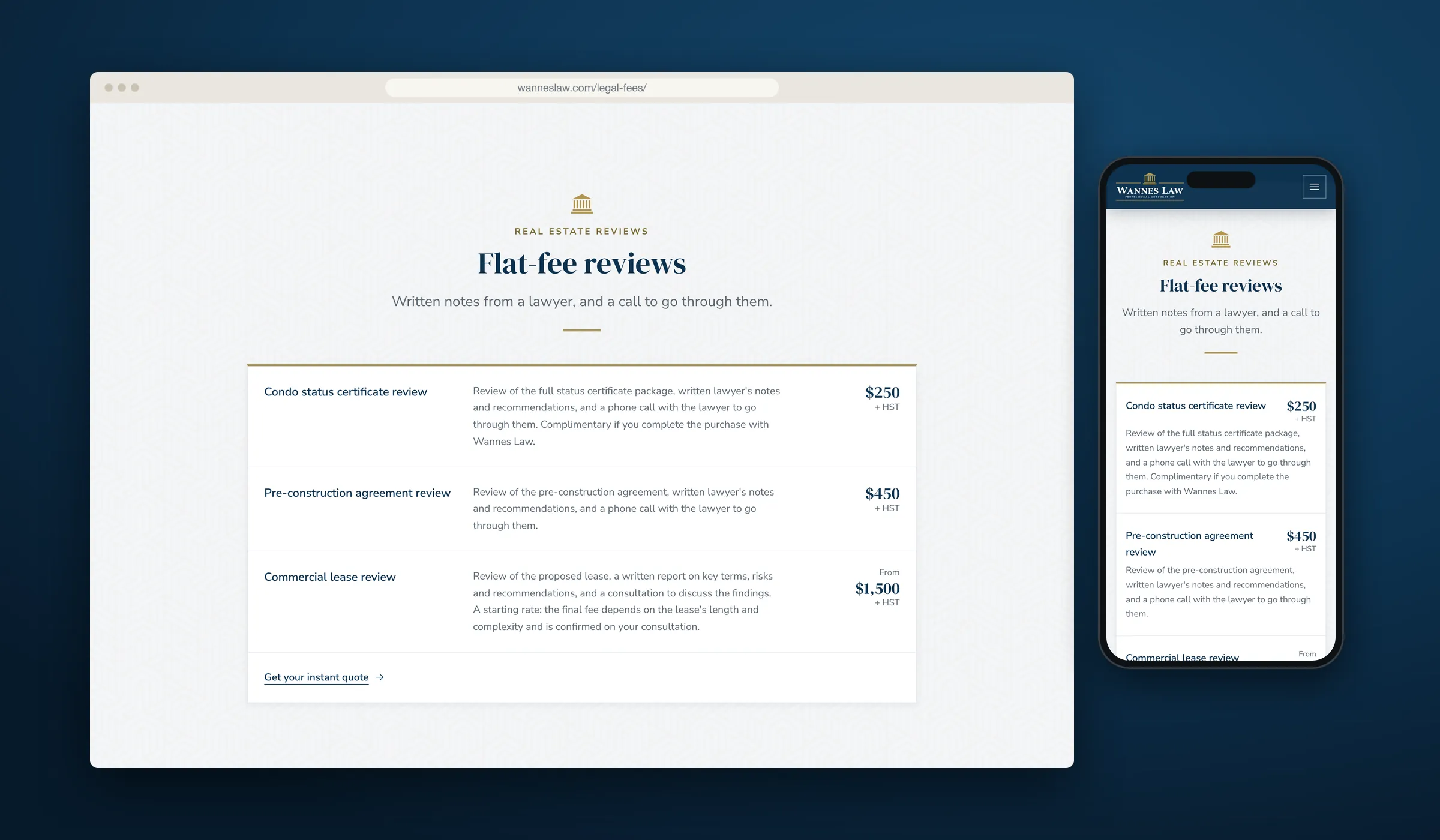 The Legal Fees page: flat-fee reviews for a condo status certificate, a pre-construction agreement and a commercial lease, each with what is included and the fee plus HST, beside the first-time buyer refund rules on a phone