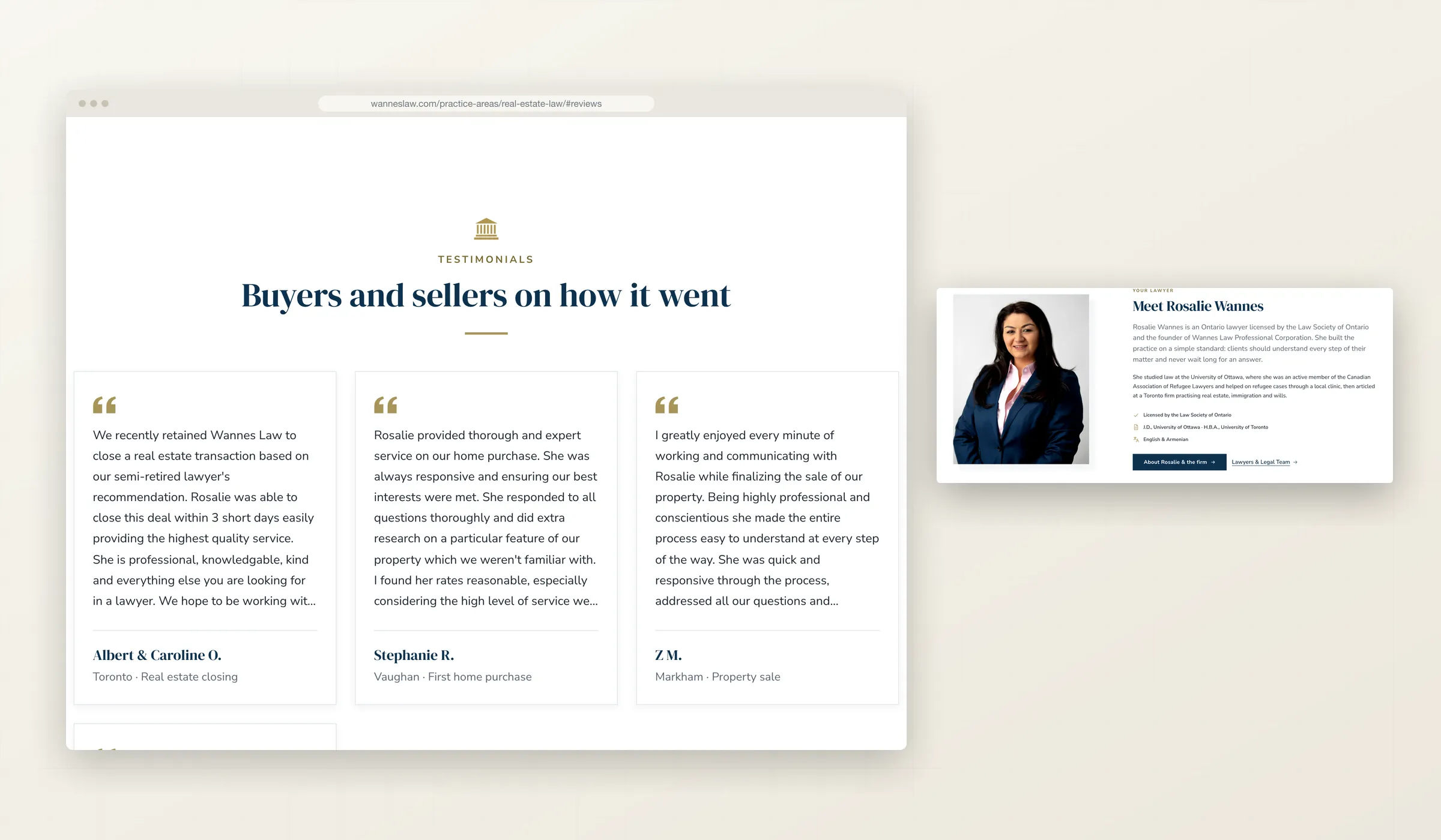 Testimonials from real estate clients in Toronto, Vaughan and Markham on the real estate page, beside the Meet Rosalie Wannes block with her portrait, Law Society of Ontario licence, University of Ottawa and University of Toronto degrees, and English and Armenian