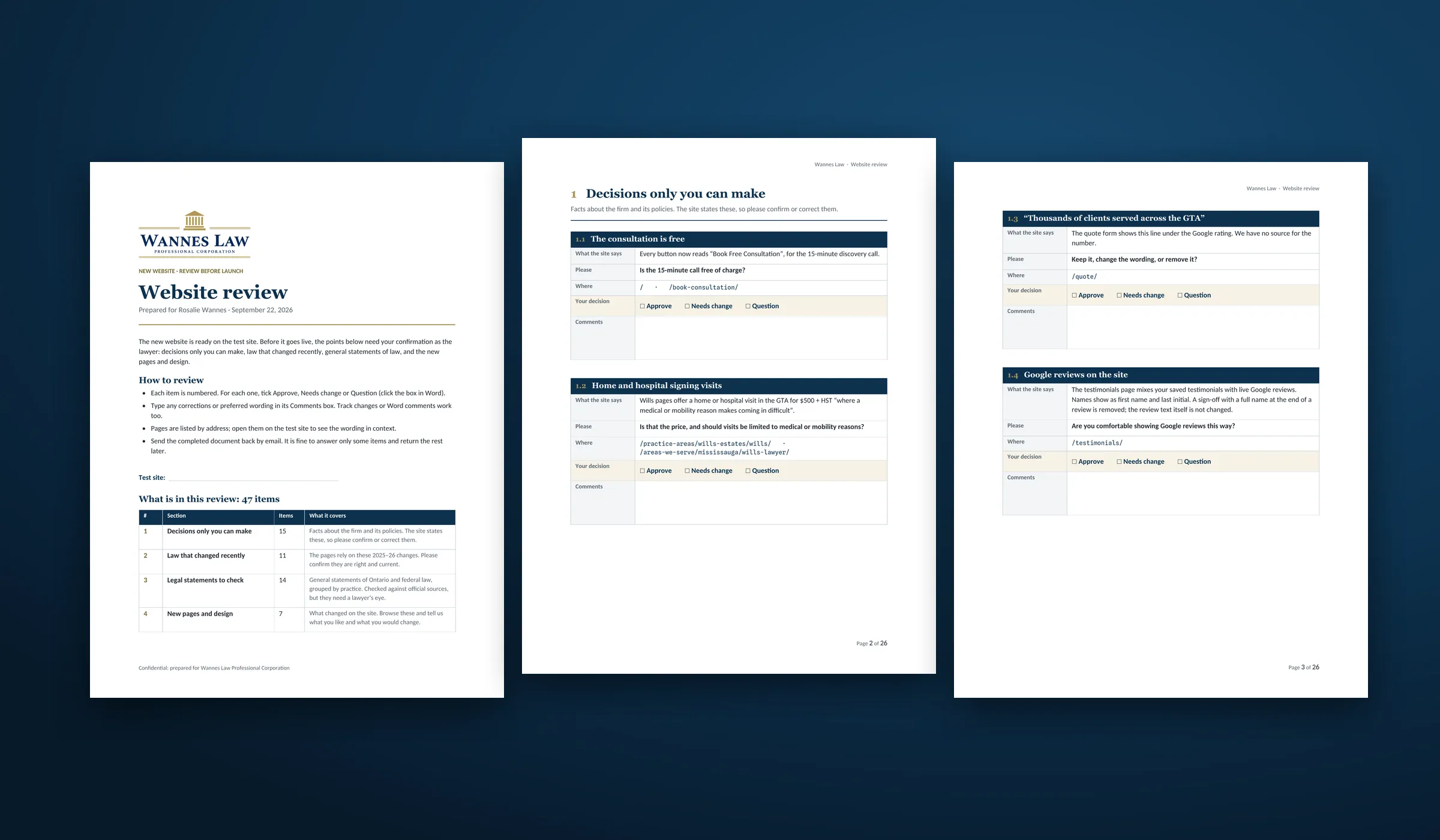 The Wannes Law website review document: a cover listing 47 items in four sections, and pages asking Rosalie to approve whether the consultation is free, home and hospital signing visits, the 'thousands of clients' line and how Google reviews are shown