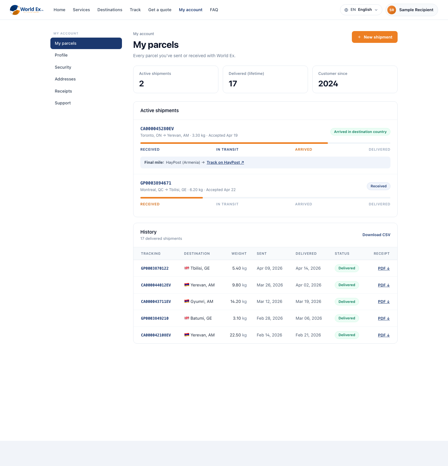 WorldEx customer account area