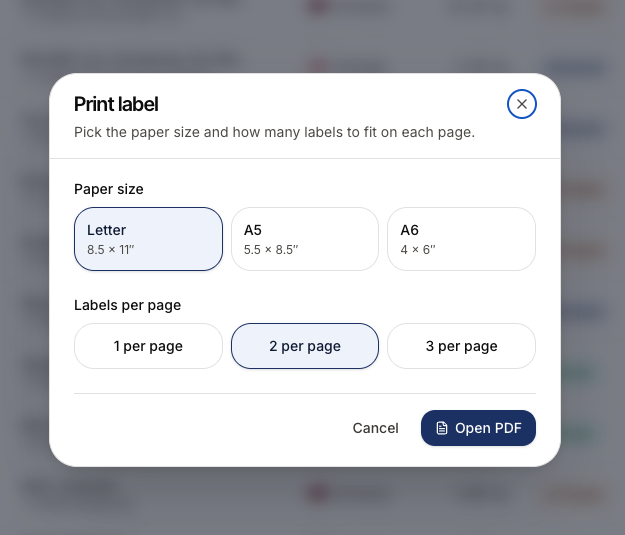 WorldEx label printing — paper size and labels-per-page selection
