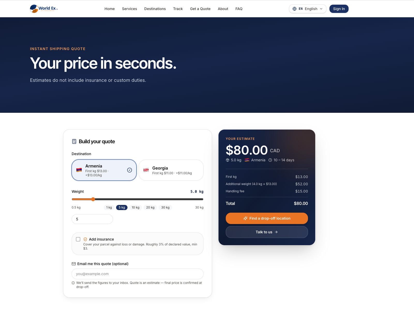 WorldEx quote calculator