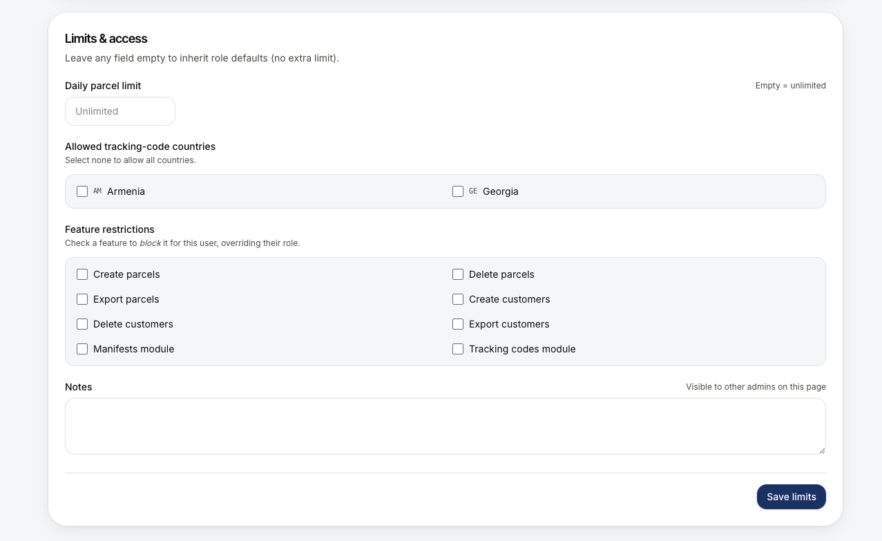 WorldEx admin — per-user limits, allowed countries, and feature restrictions