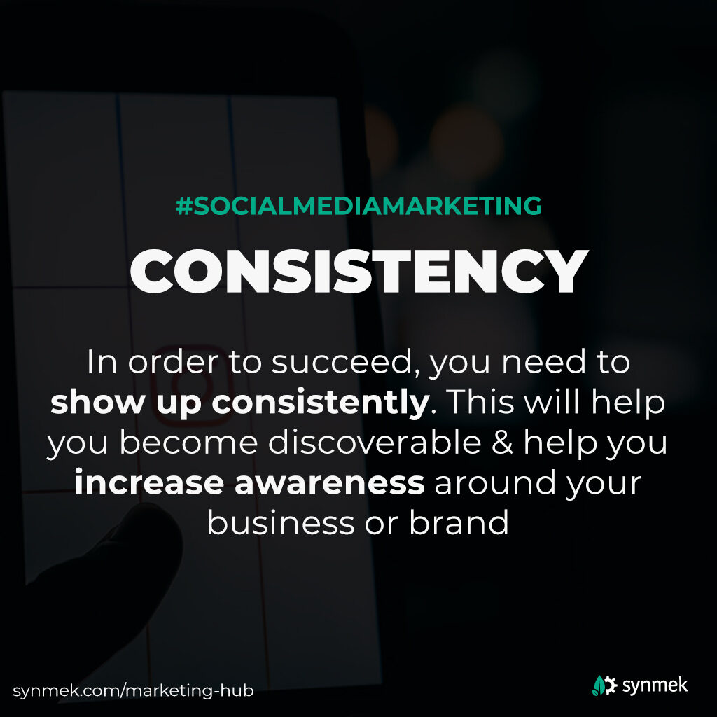 Post on Instagram by Synmek talking about the importance of consistency in marketing your small business