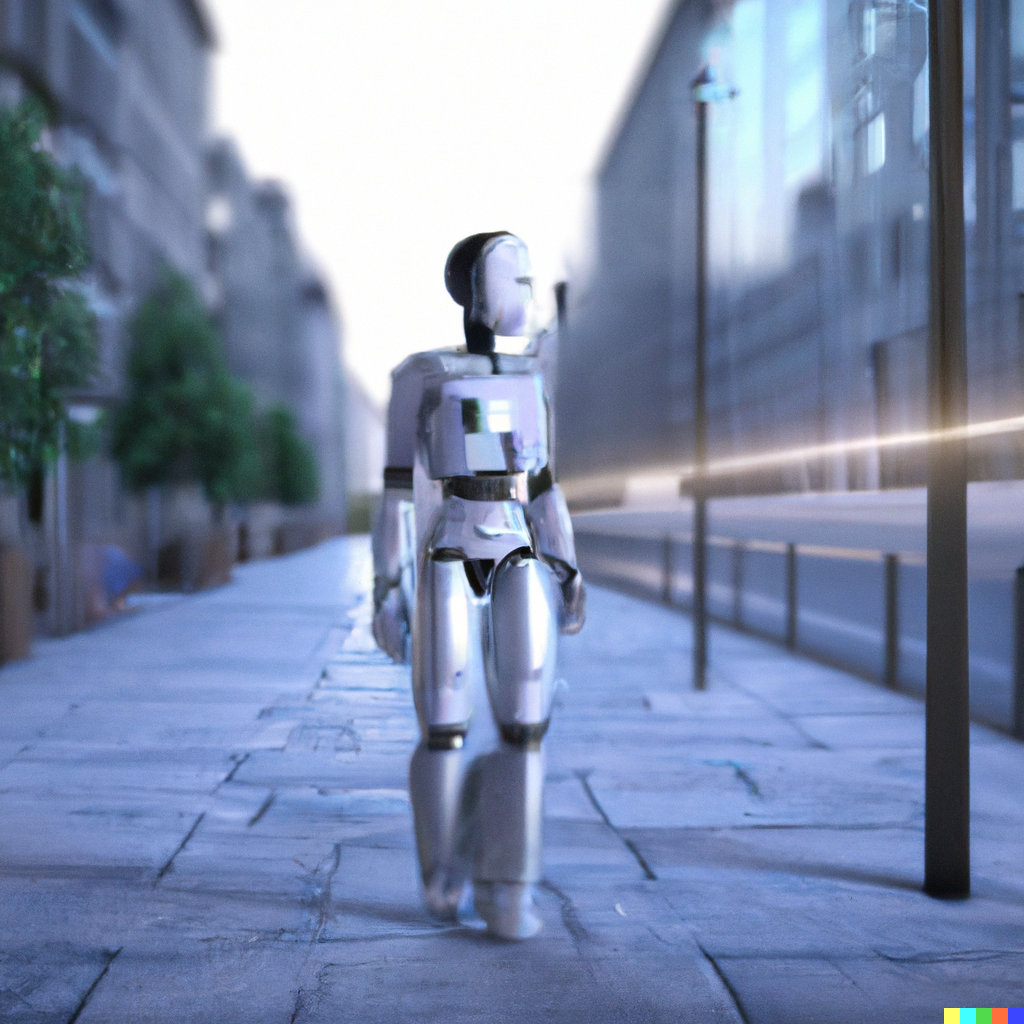 AI generated image of a robot walking through a futuristic city